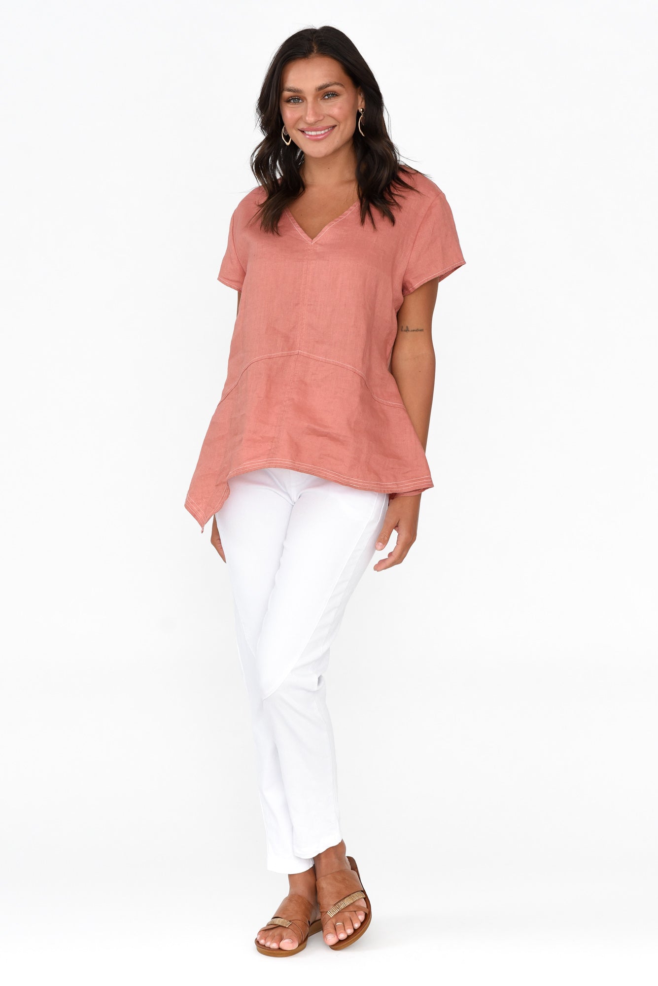 Lindy Rust Linen V Neck Top