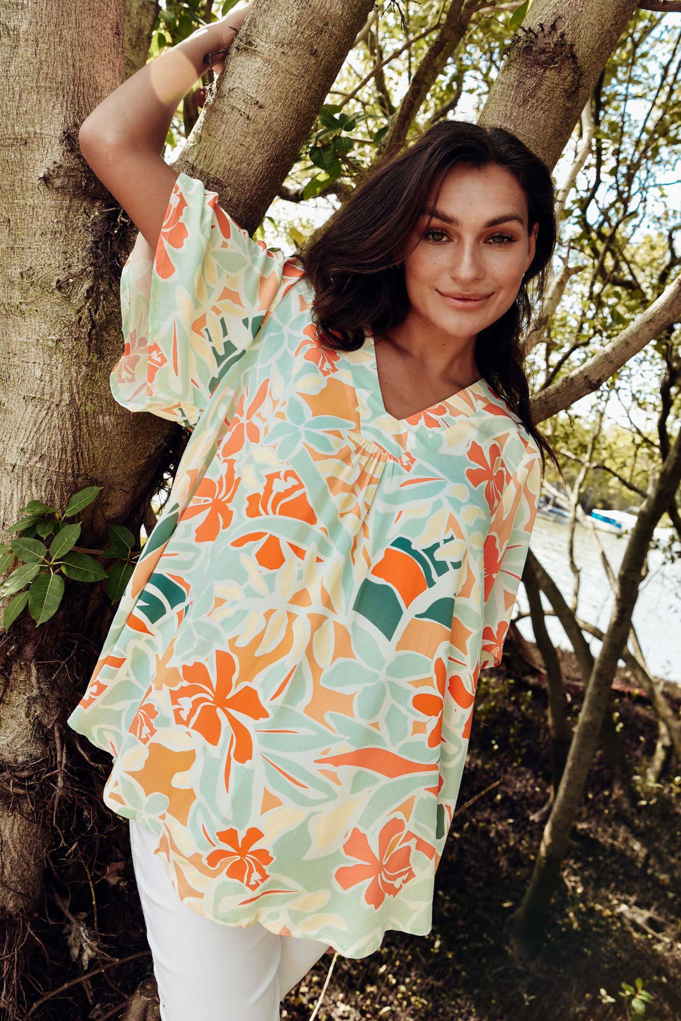 Jordyn Orange Garden V Neck Top