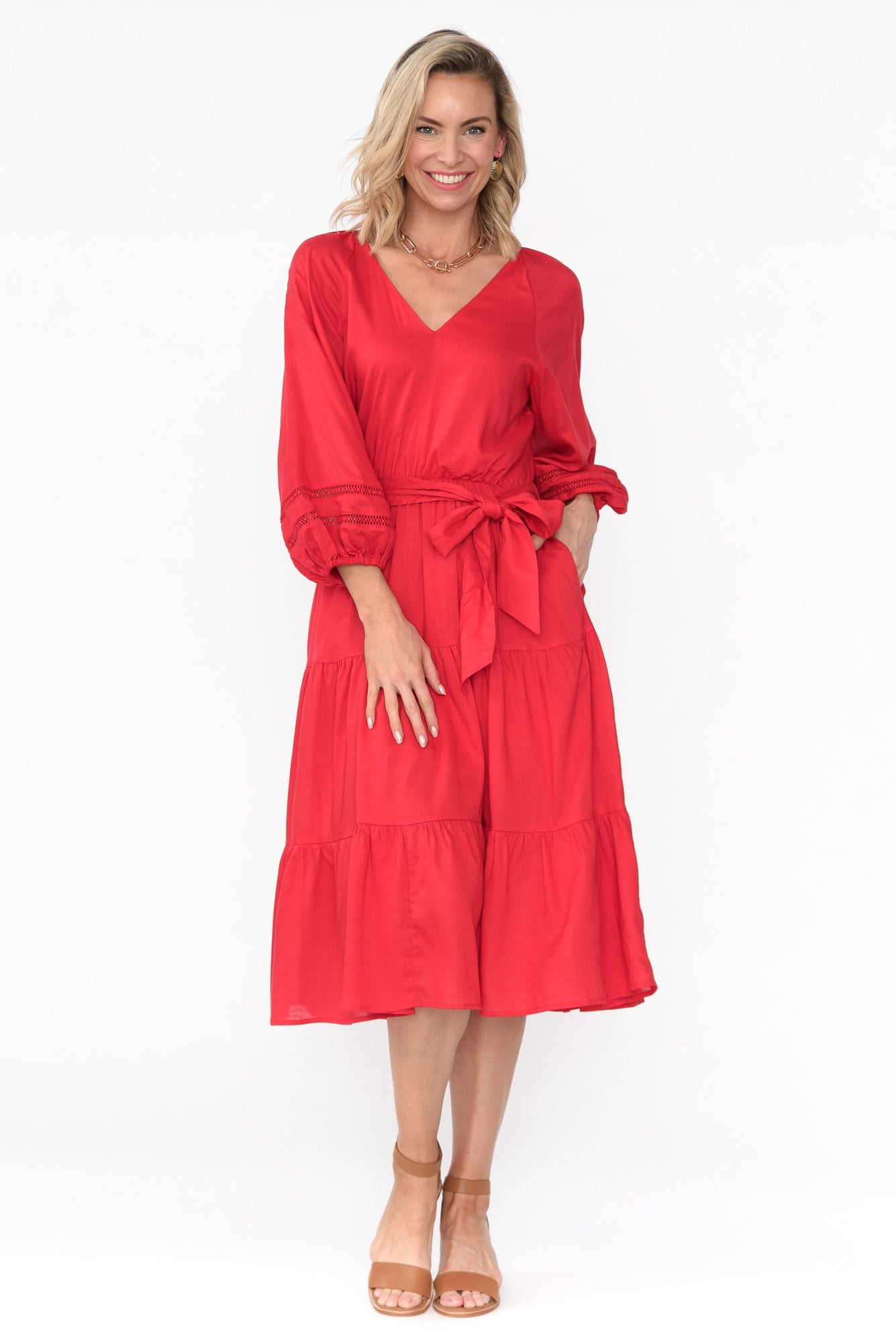 Faraway Red Tiered Midi Dress