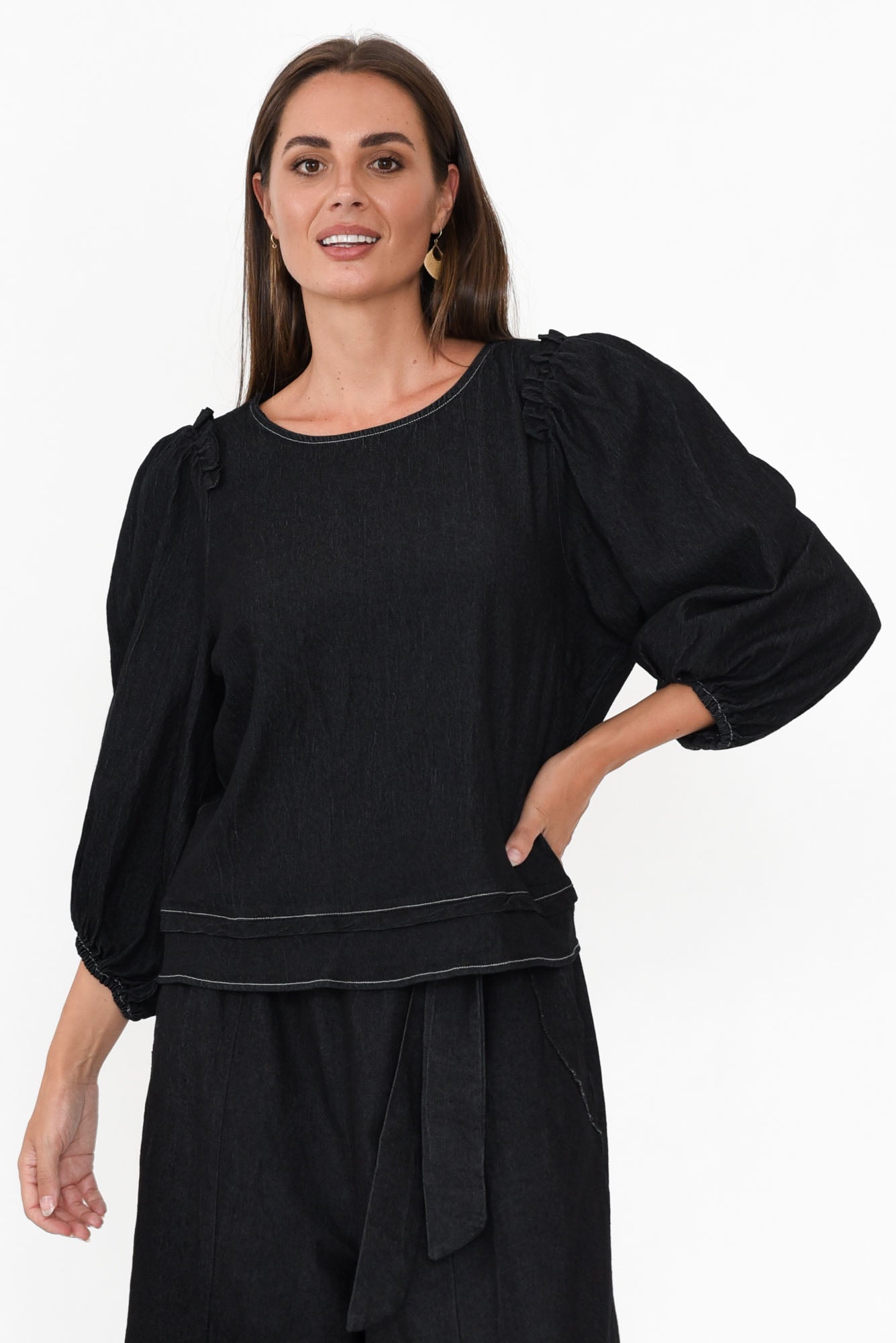 Ferguson Black Cotton Blend Frill Top