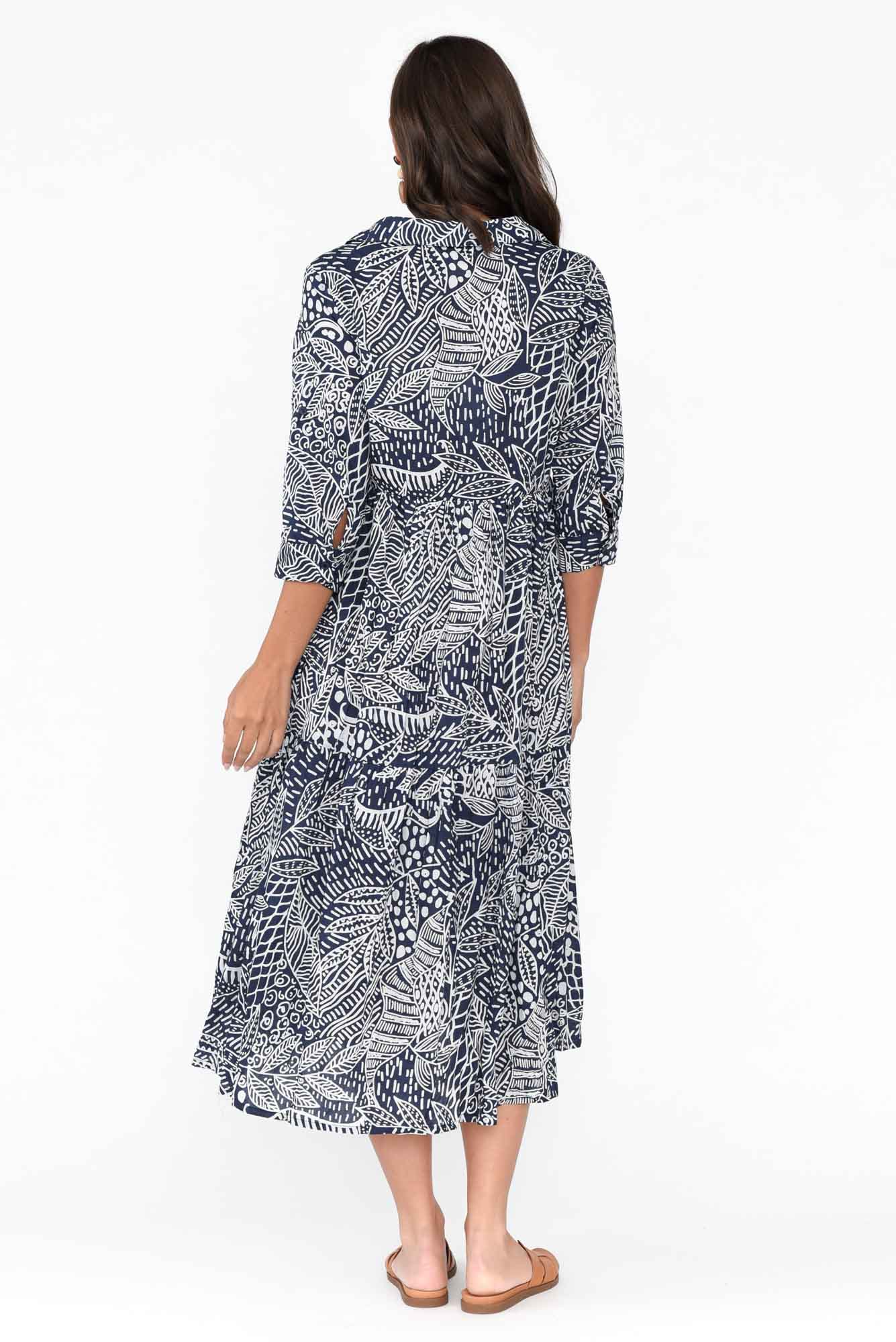 Leros Navy Jungle Organic Cotton Shirt Dress