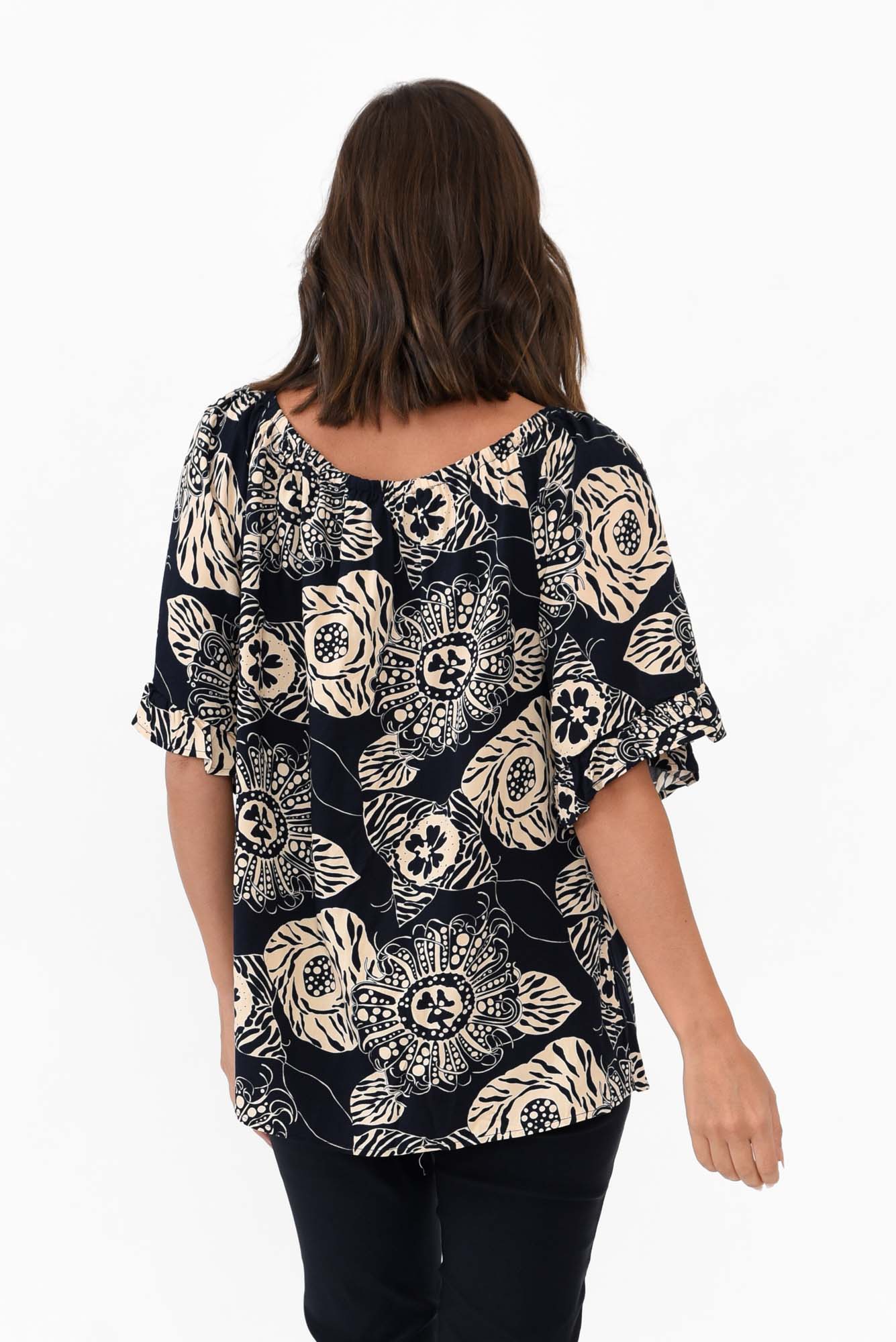 Leora Navy Flower Frill Top