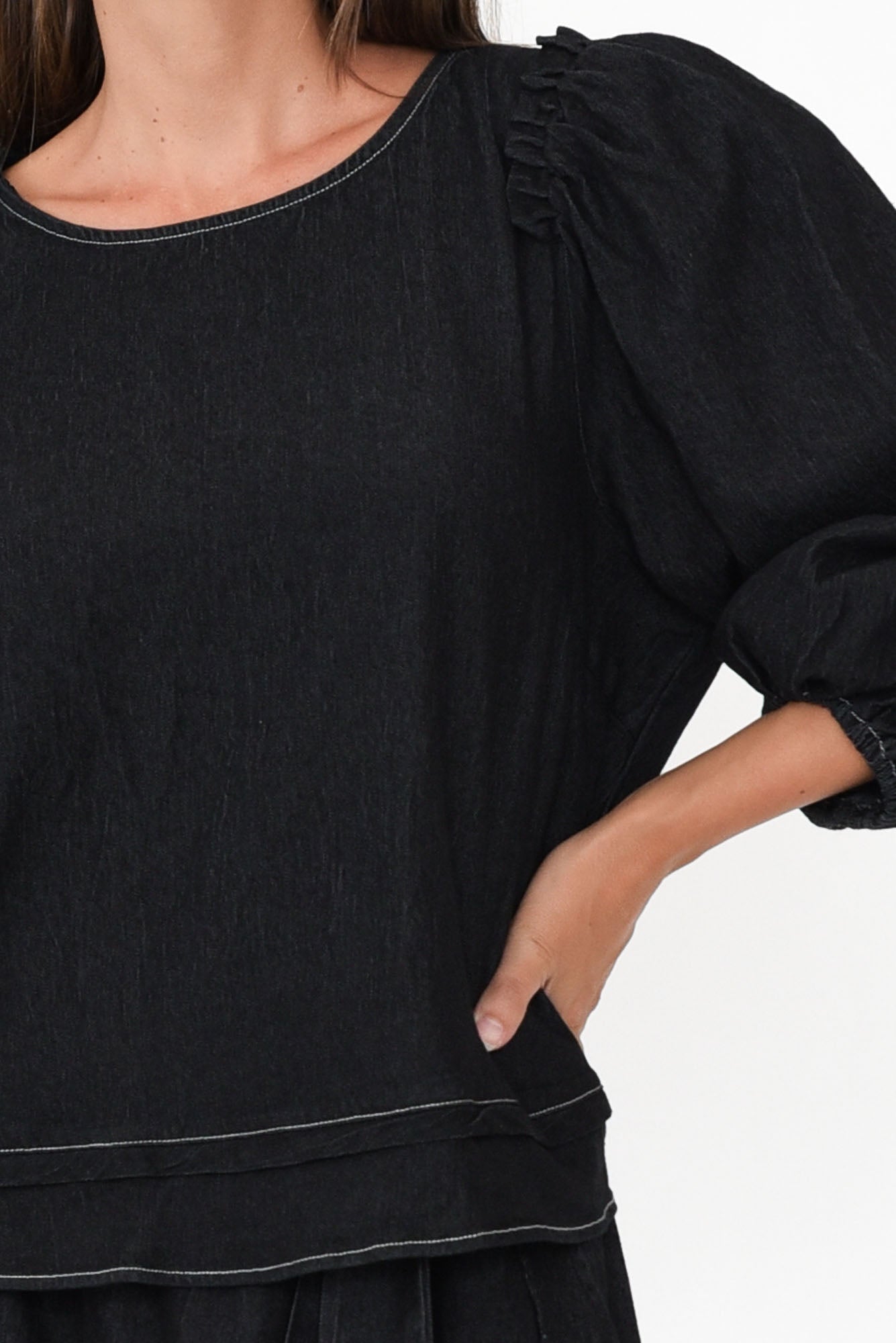 Ferguson Black Cotton Blend Frill Top