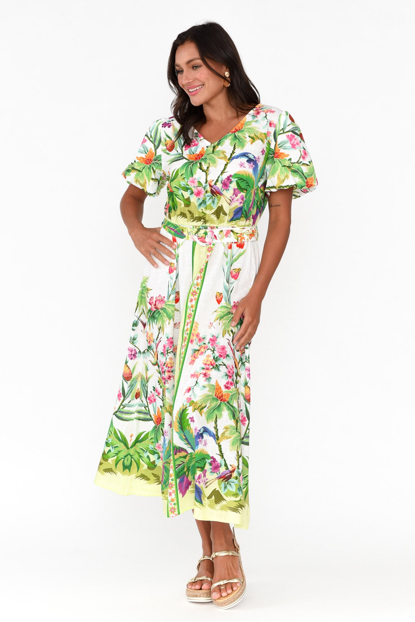 Cobana Green Tropical Cotton Belted Dress