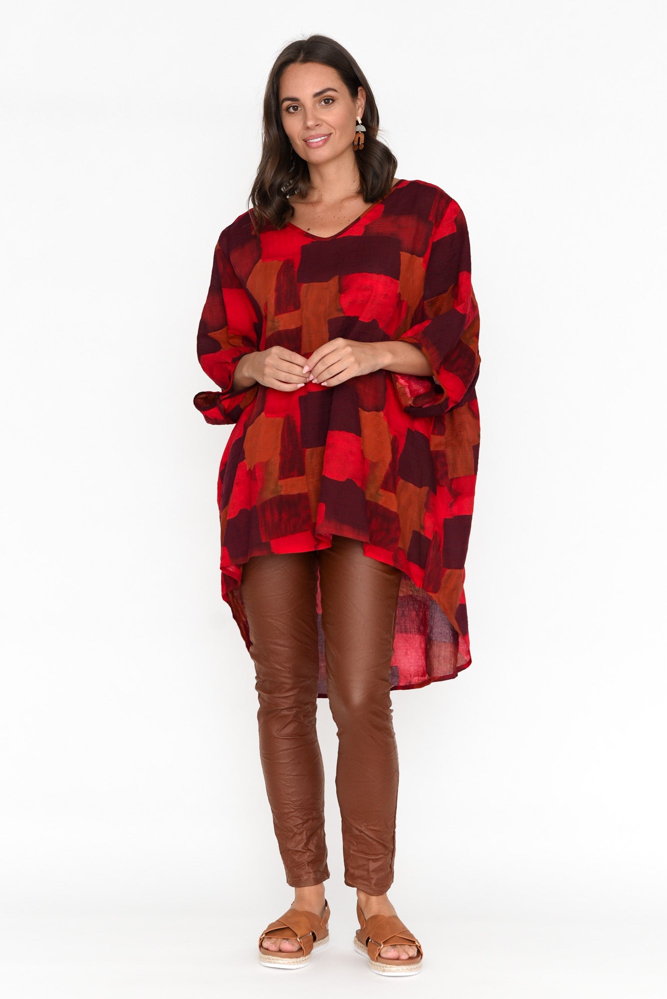 Abra Red Abstract Oversized Top