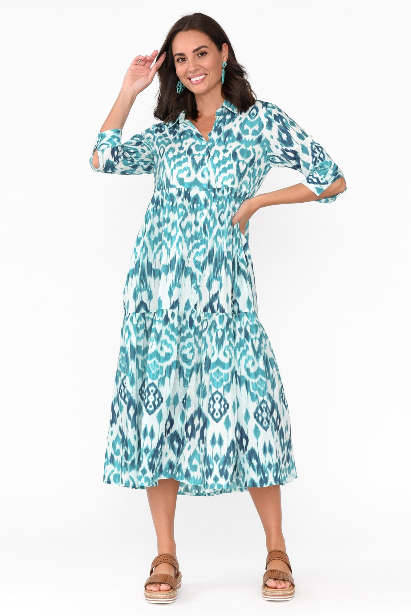 Izmir Turquoise Geo Organic Cotton Tiered Dress