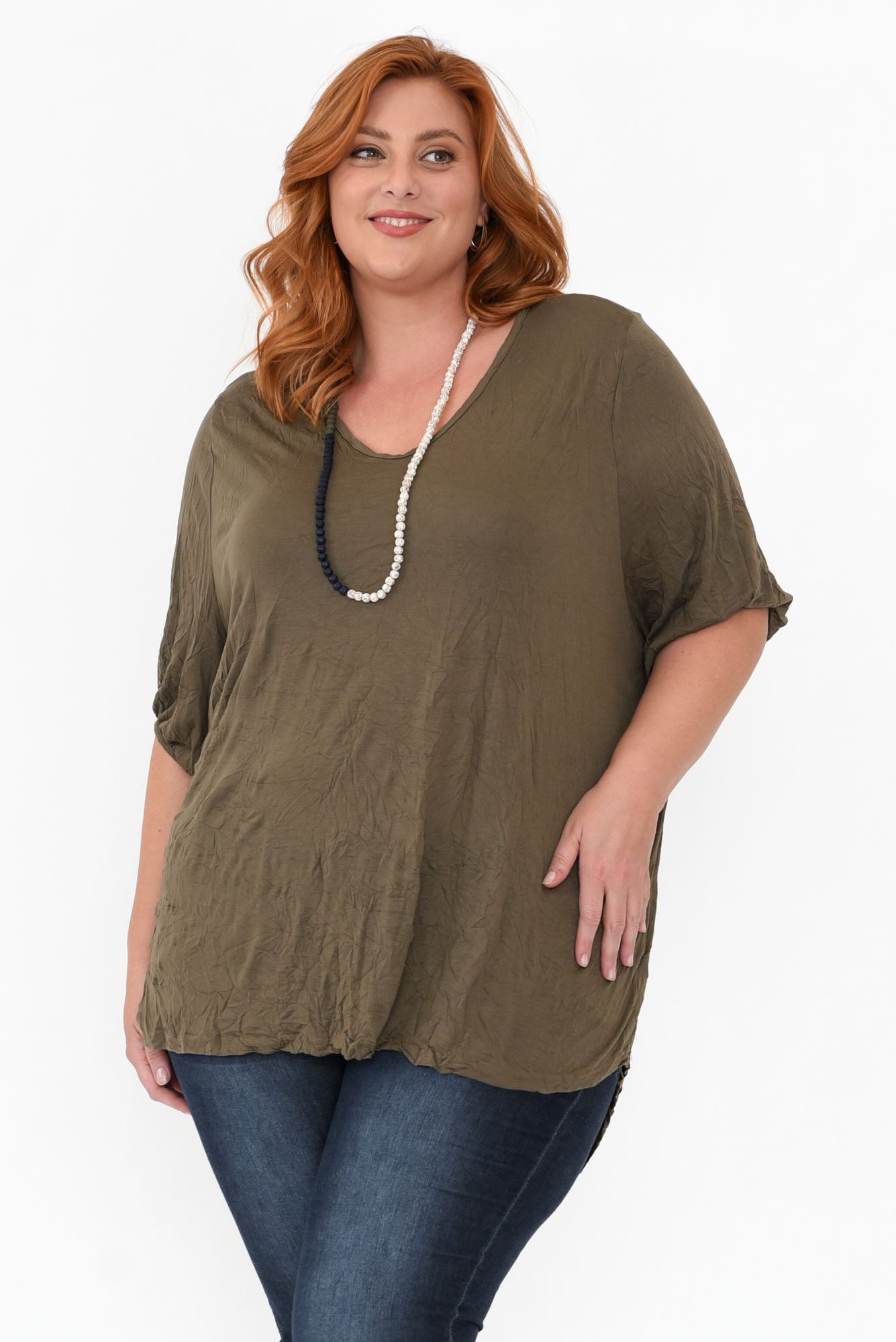 Agnes Khaki Crinkle Cotton Hi Lo Top