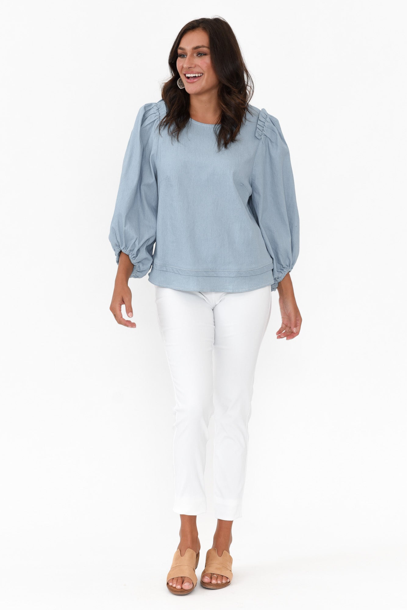 Ferguson Light Blue Cotton Blend Frill Top