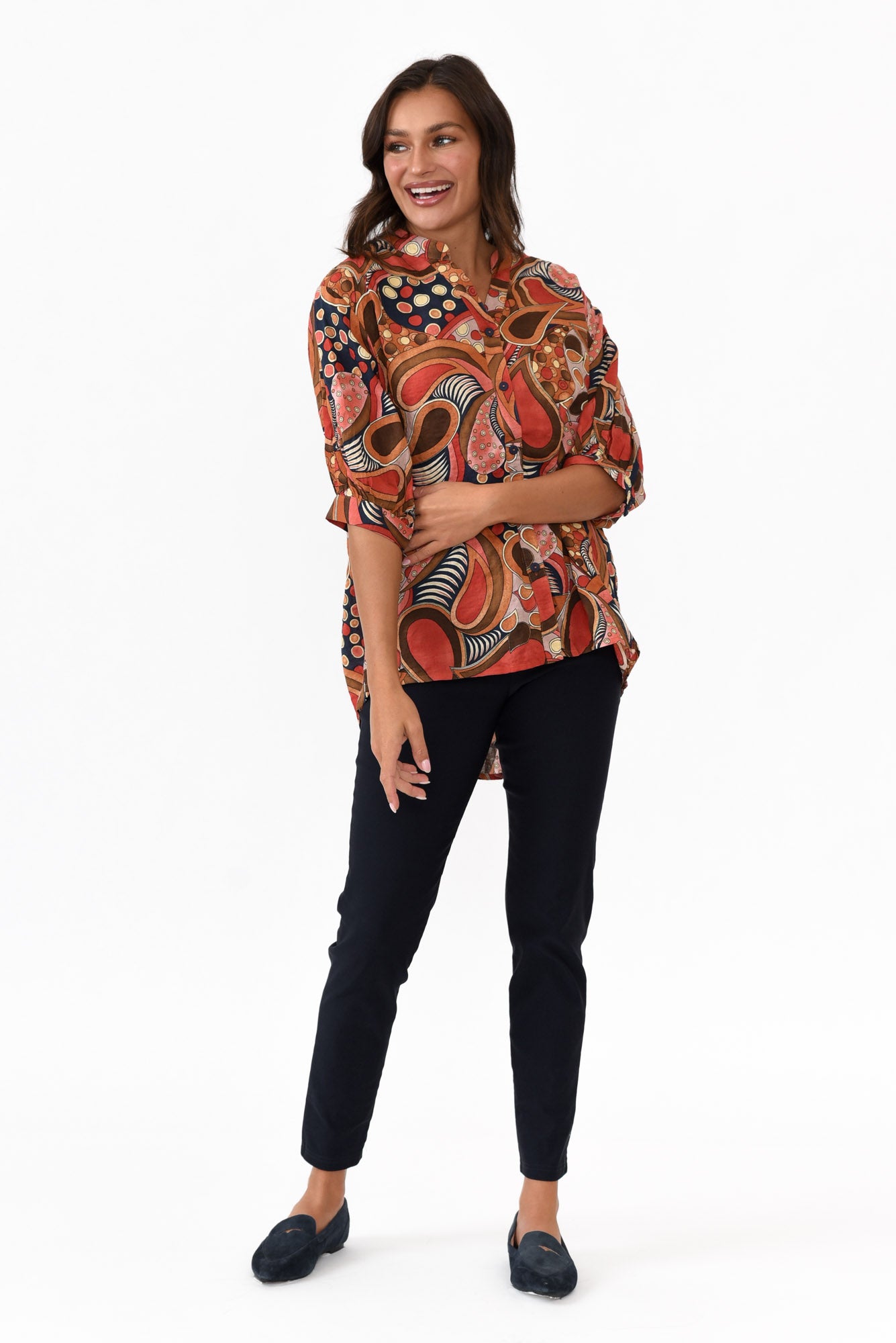 Albright Rust Abstract Cotton Button Top