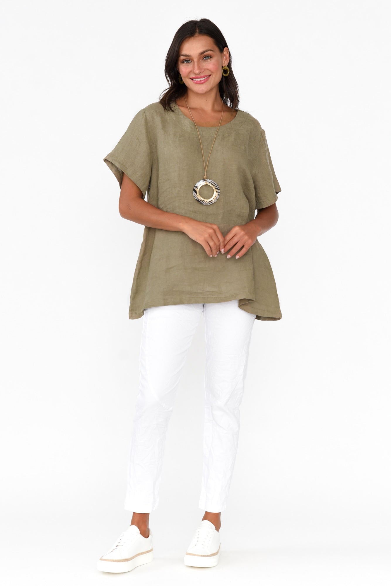 Micah Khaki Linen Scoop Neck Top