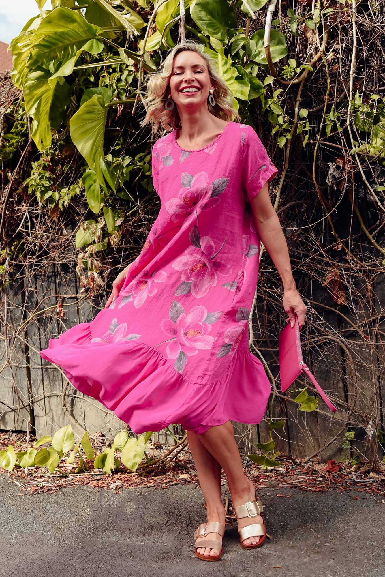 Ryker Hot Pink Floral Linen Pocket Dress