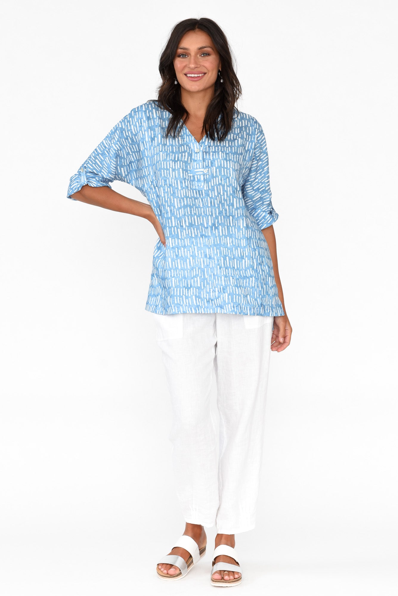 Edith Blue Geo Linen Top