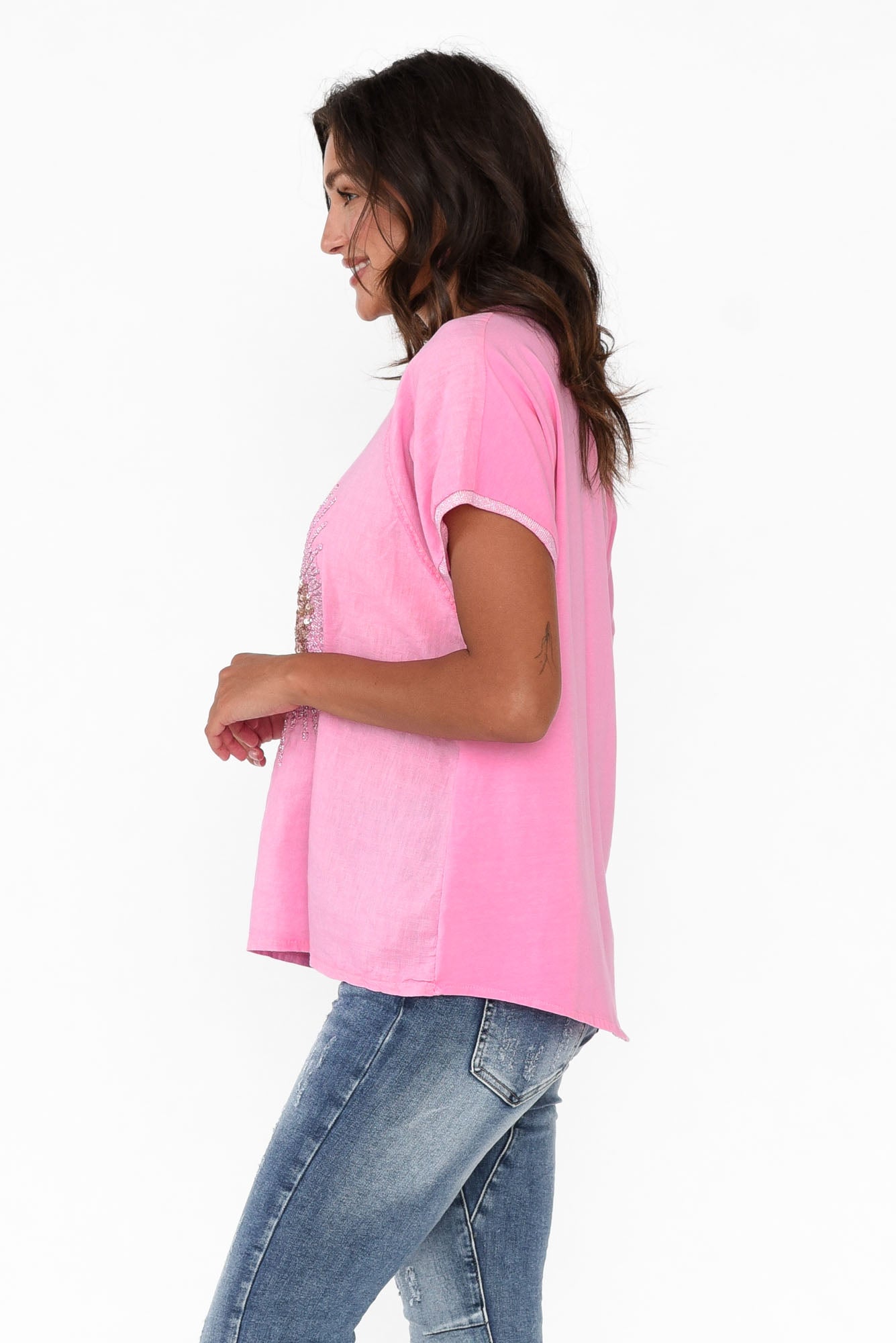 Candela Pink Sequin Heart Linen Top
