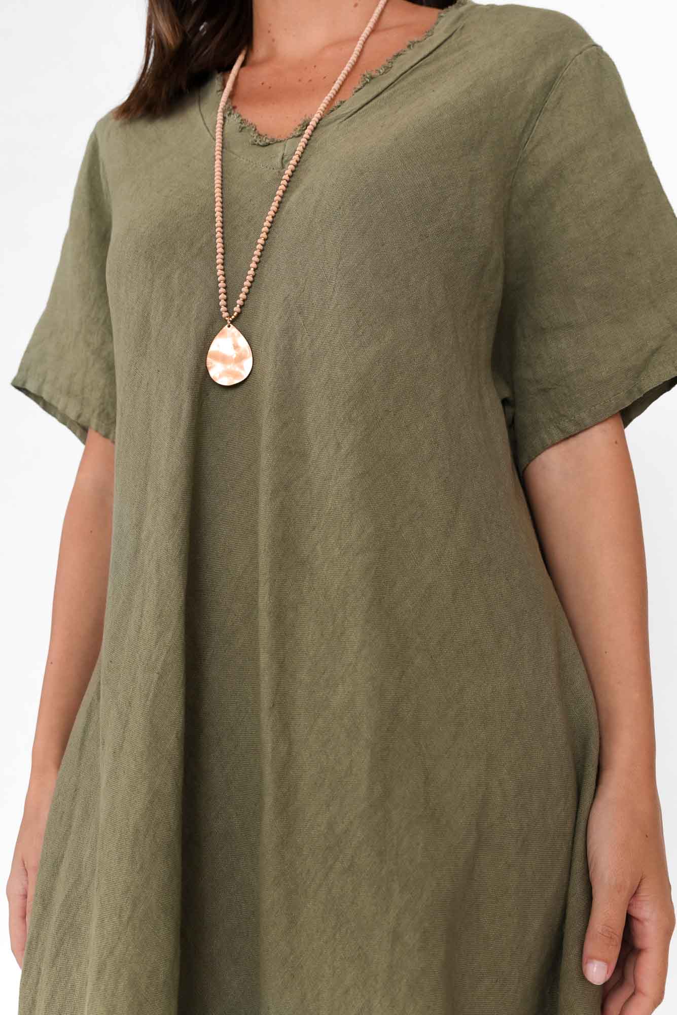 Lacasa Khaki Linen Frayed Dress
