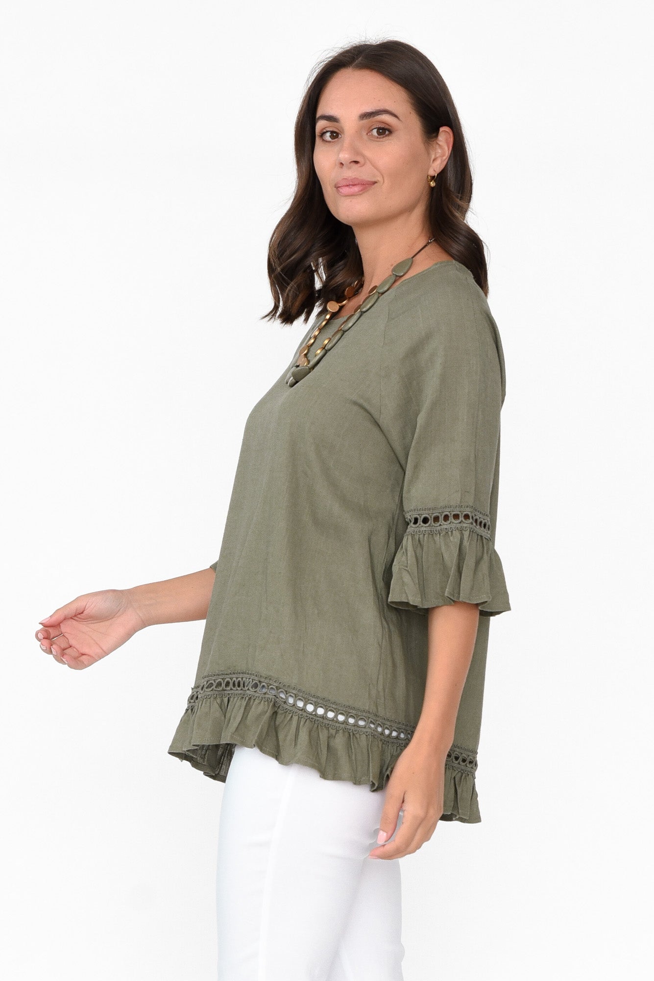 Tinker Khaki Linen Cotton Ruffle Top