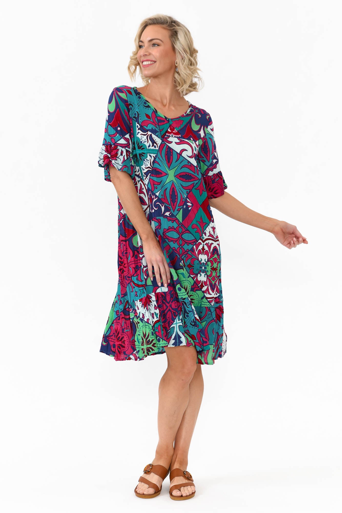 Calla Teal Mosaic Crinkle Dress