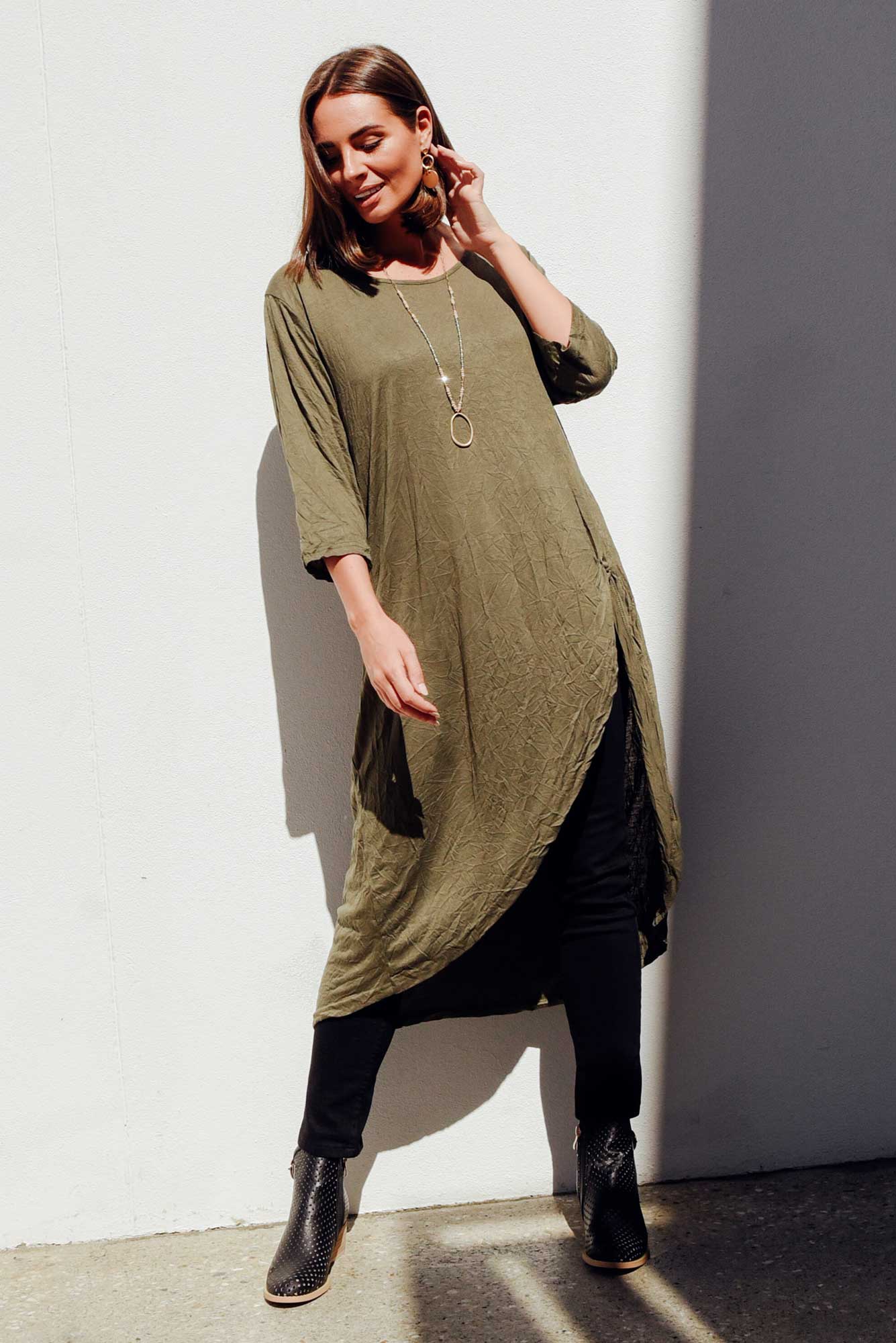 Khaki Crinkle Cotton Asymmetric Tunic