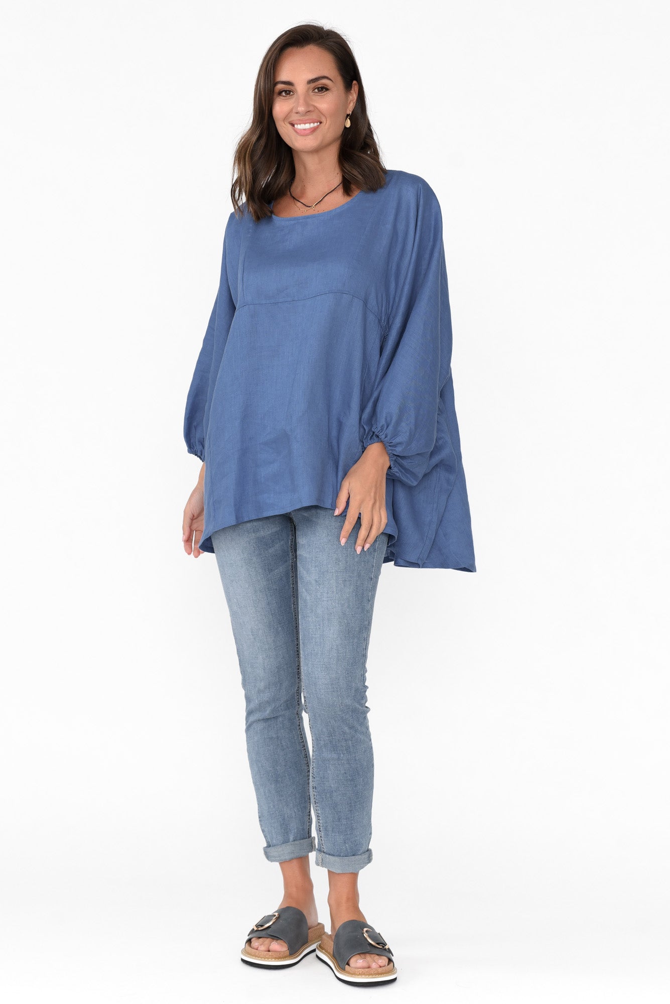 Darla Blue Gathered Sleeve Linen Top