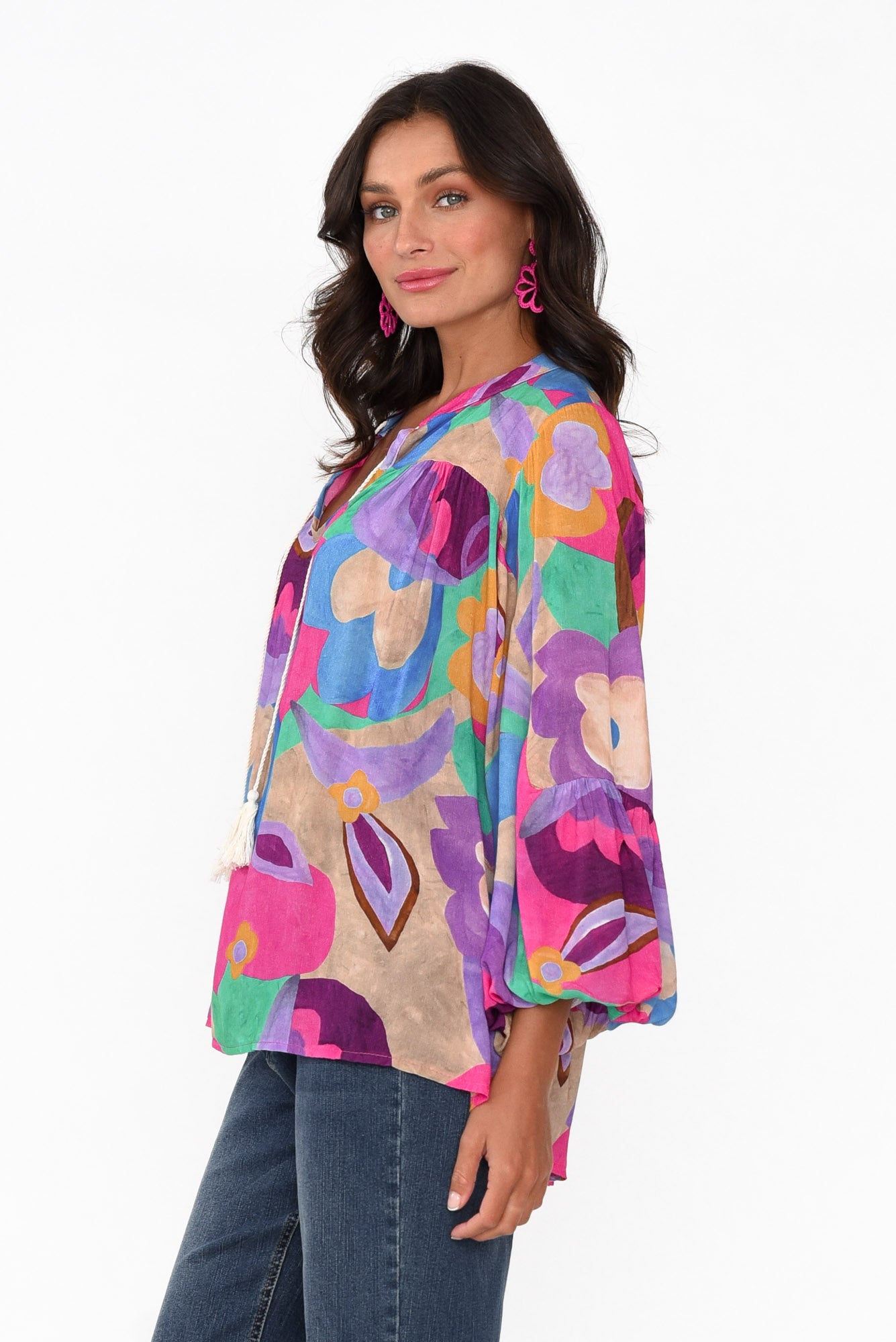 Althea Pink Abstract V Neck Top