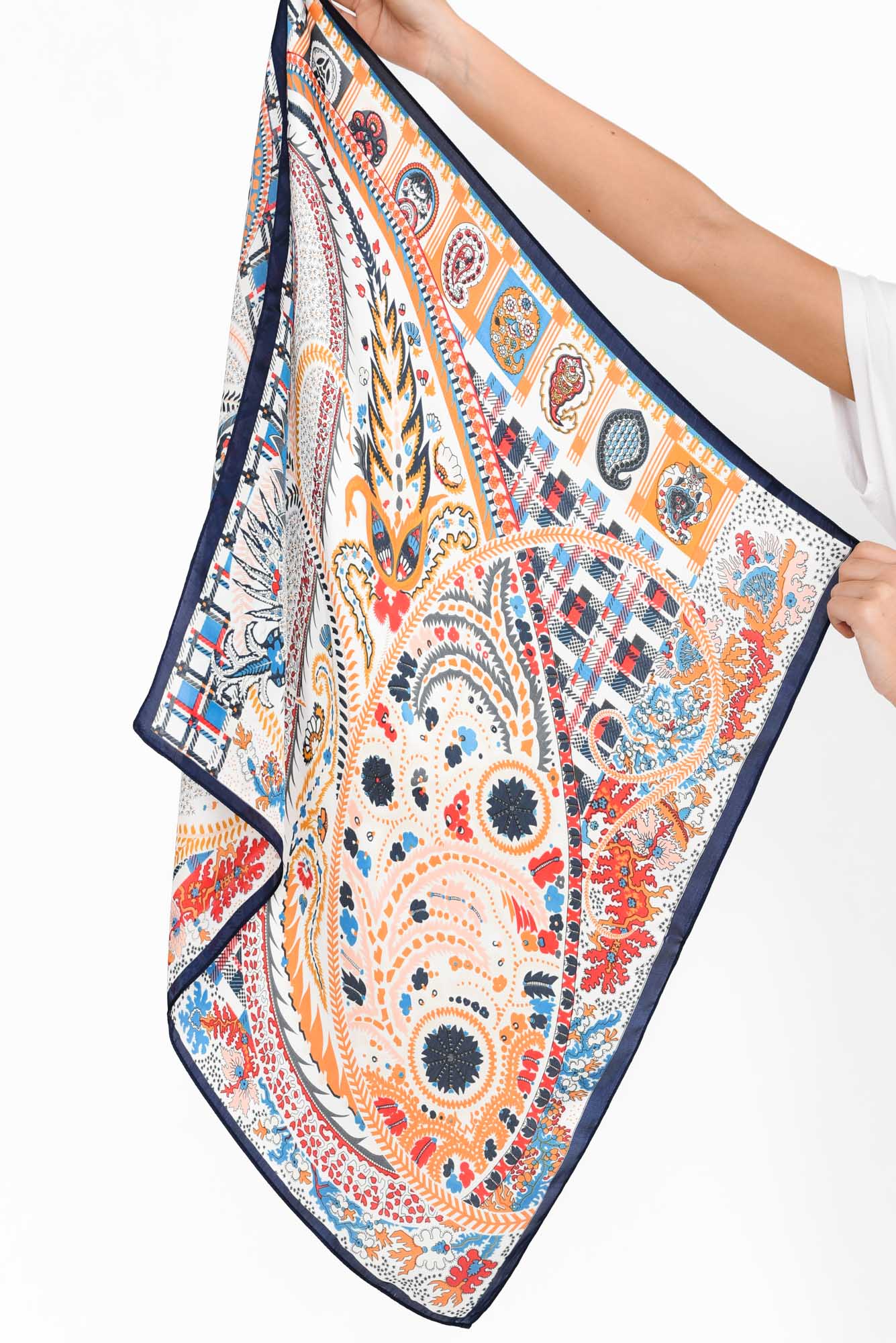 Lizette Navy Satin Paisley Square Scarf