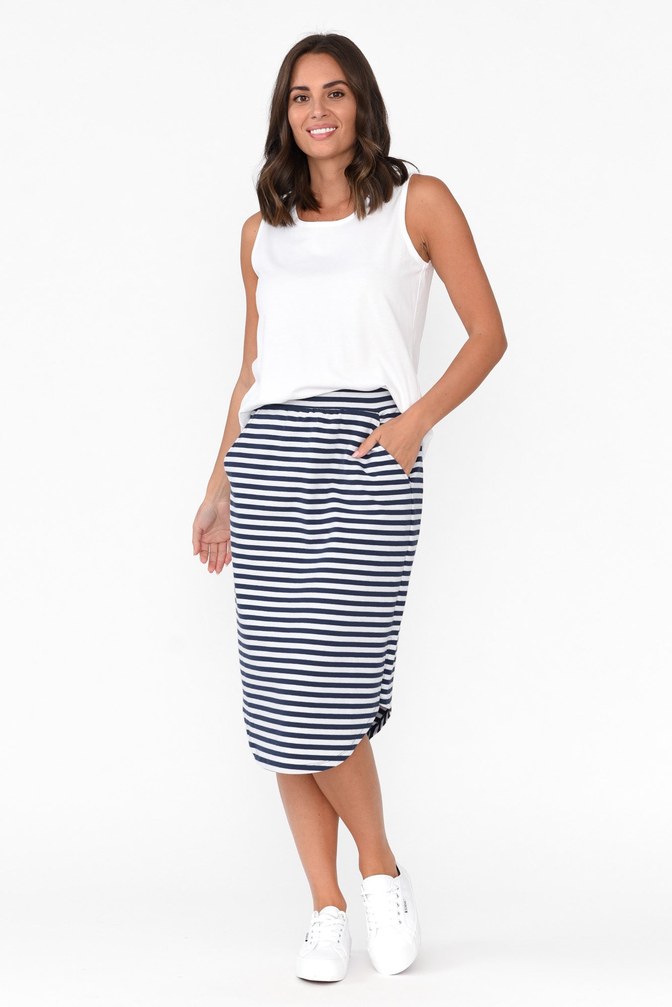 Evie Navy Stripe Cotton Blend Skirt