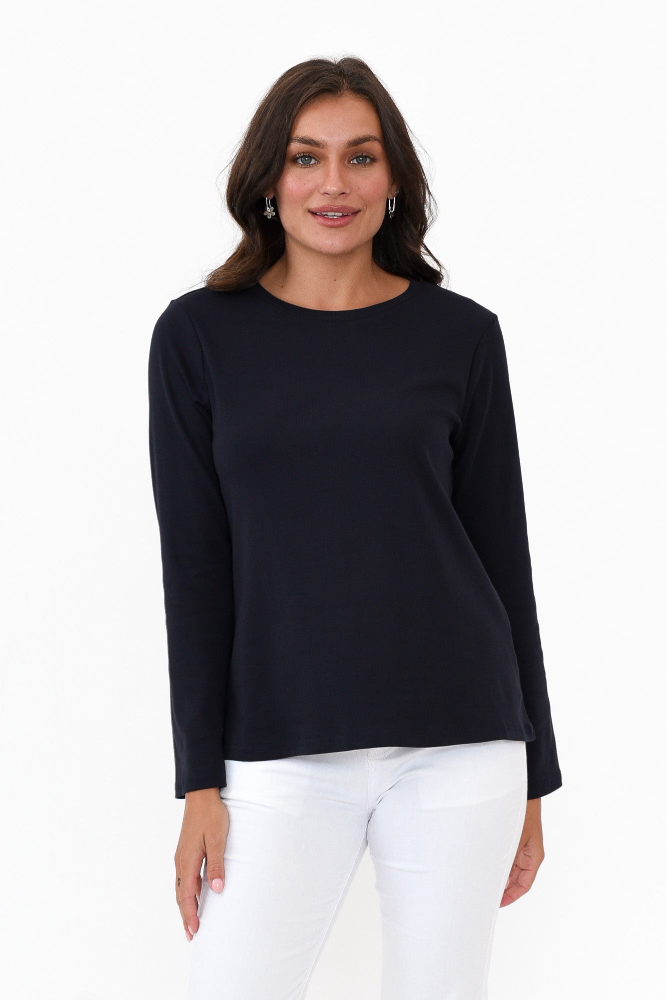 Porter Navy Cotton Long Sleeve Top