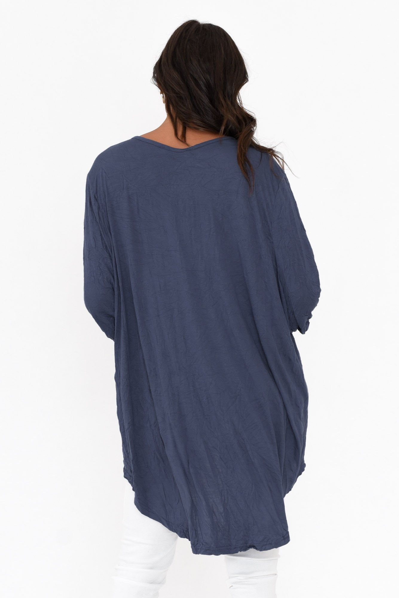 Agnes Navy Crinkle Cotton Hi Lo Top