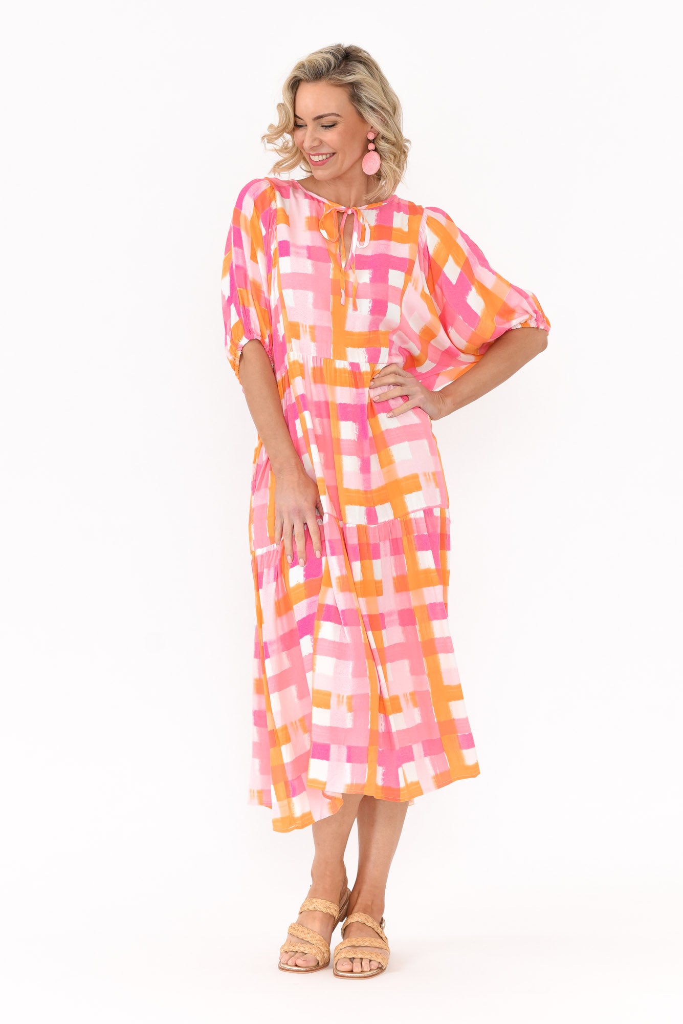 Rima Pink Check Midi Dress