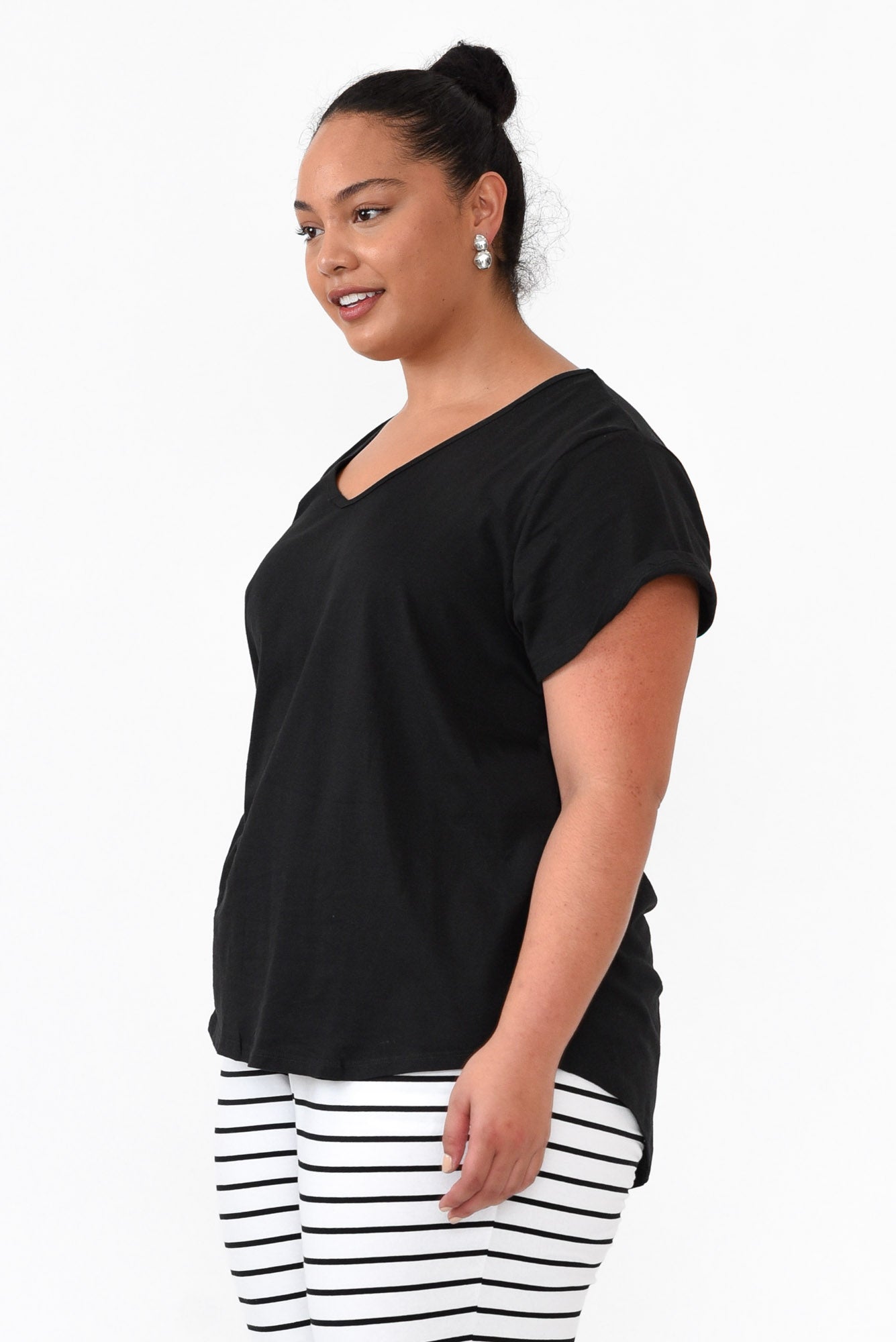 Ava Black Cotton V Neck Tee
