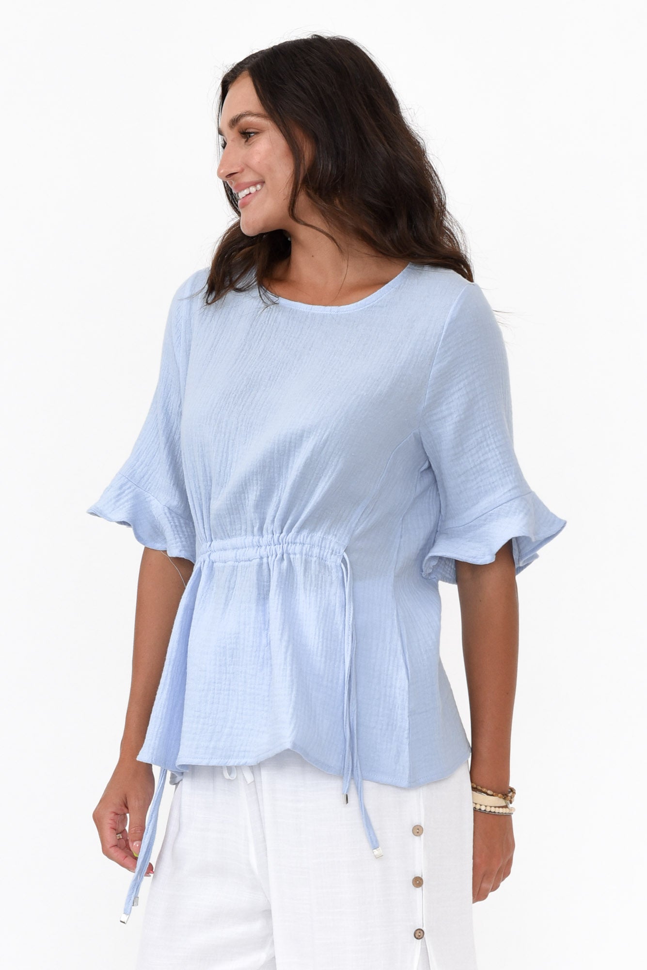 Rita Blue Crinkle Cotton Tie Top