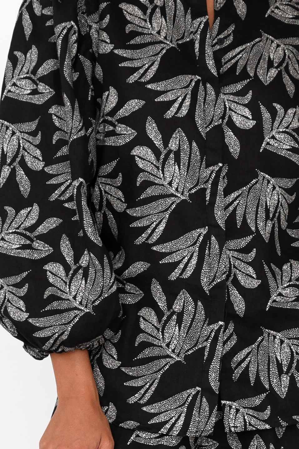 Finch Black Palm Linen Sleeved Blouse