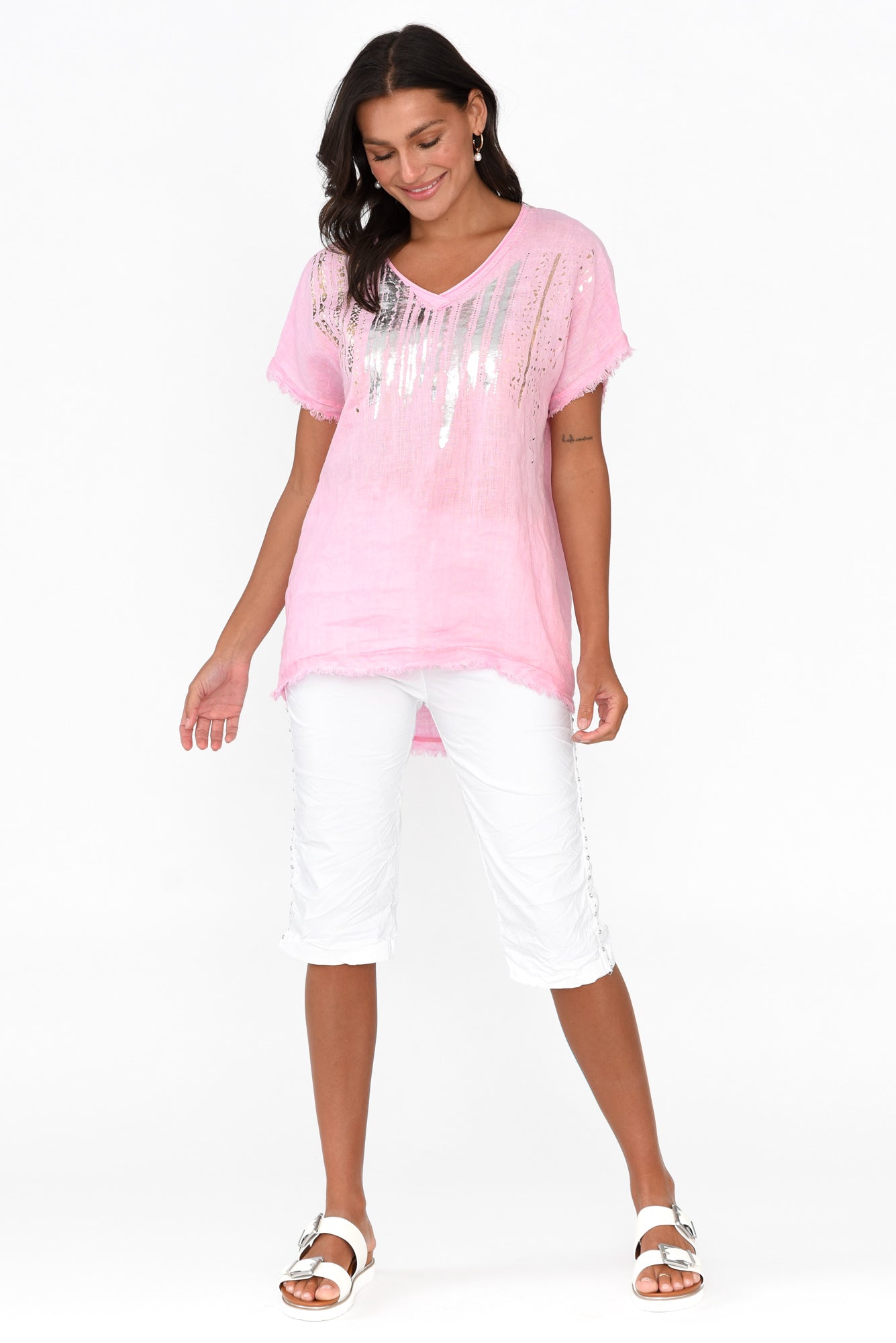 Benita Pink Foil Linen Top