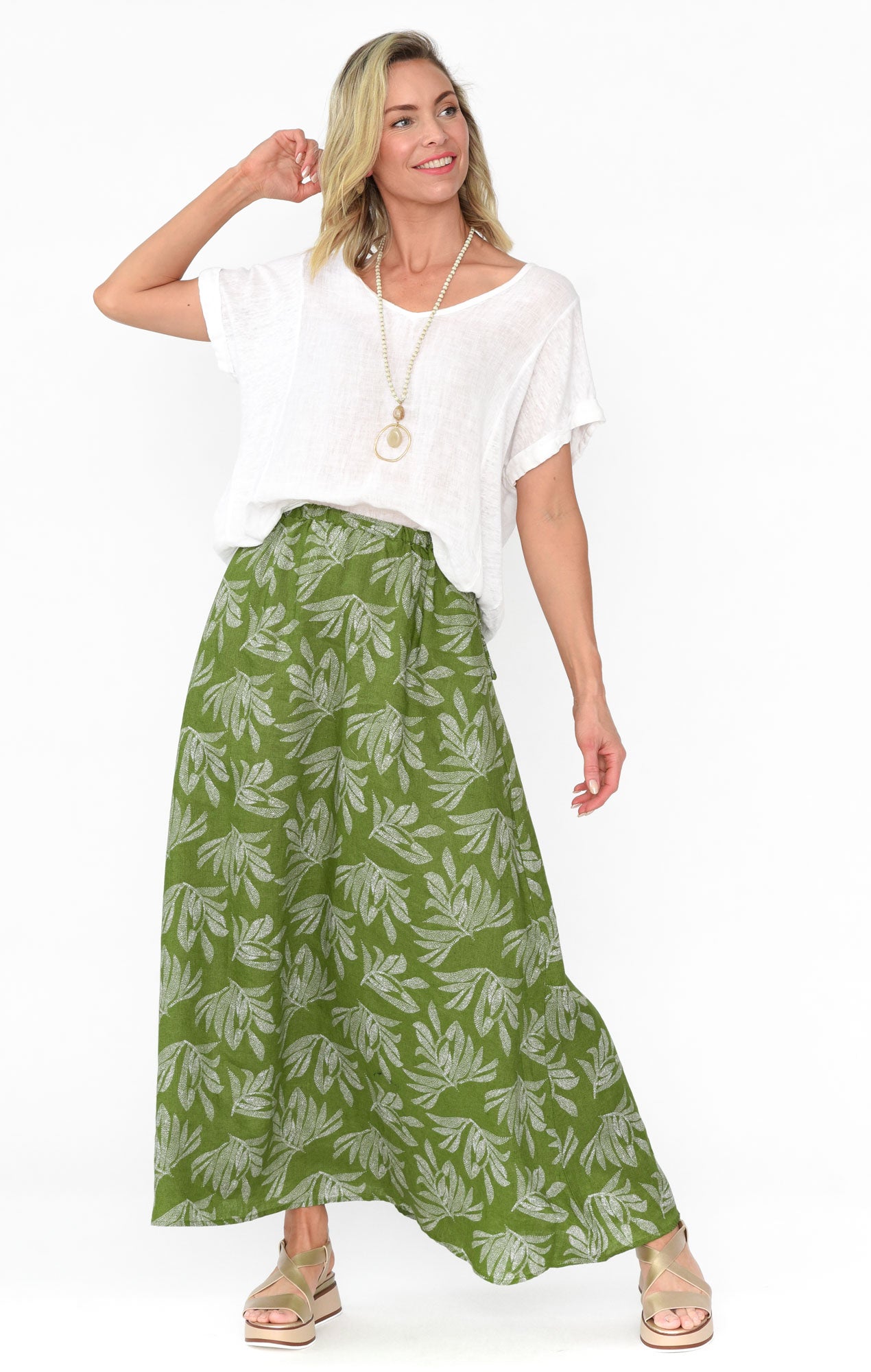 Giana Green Palm Linen Maxi Skirt