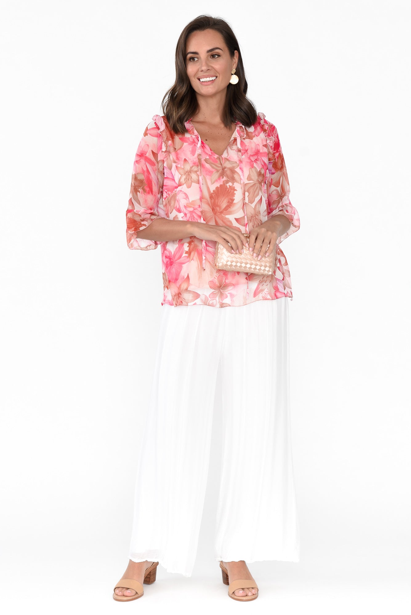 Katrine Peach Hibiscus Ruffle Top