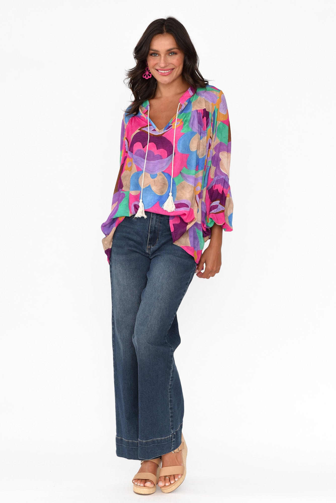 Althea Pink Abstract V Neck Top