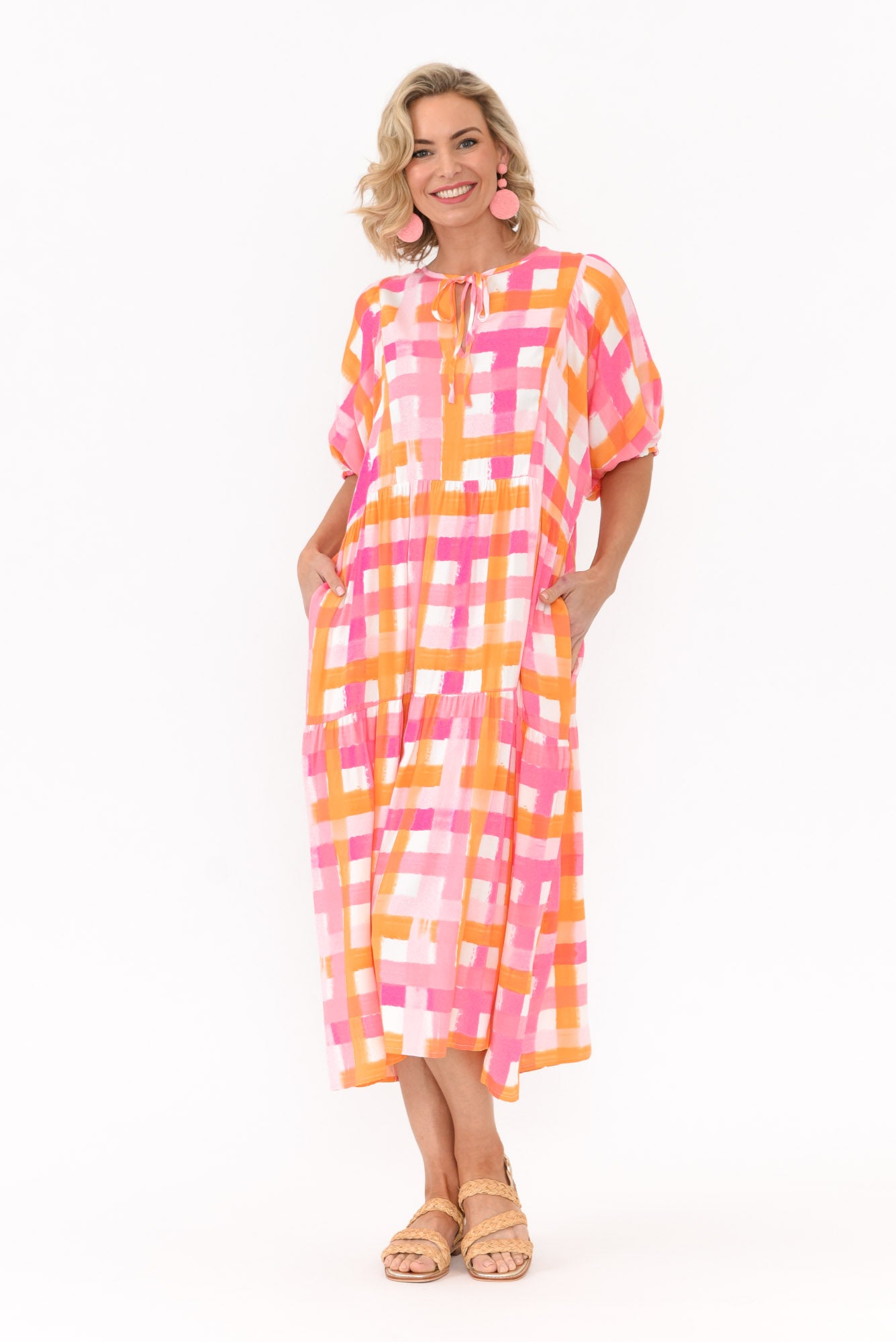 Rima Pink Check Midi Dress