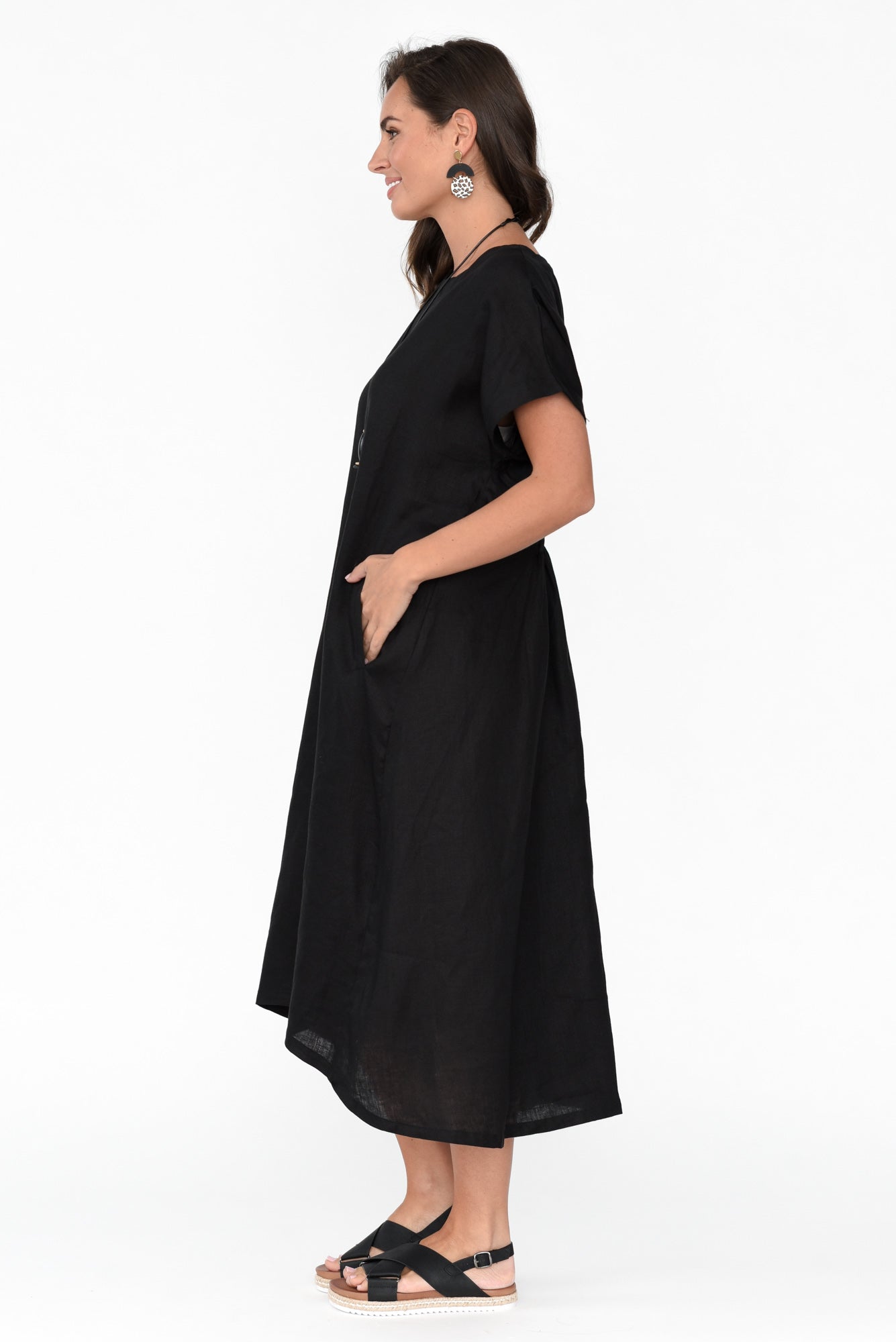 Zeffie Black Linen Pocket Dress