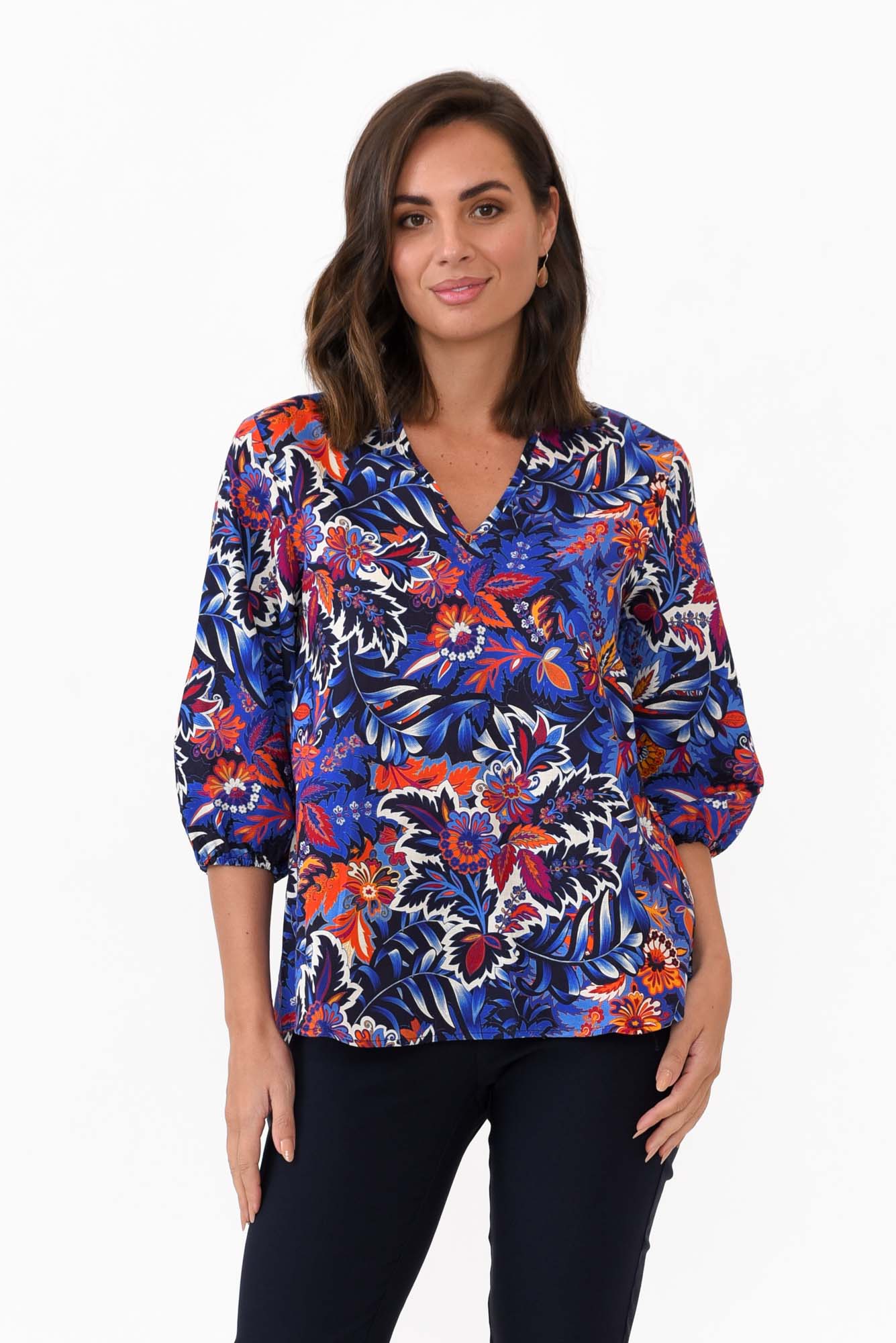 Kimmie Blue Floral Linen Top