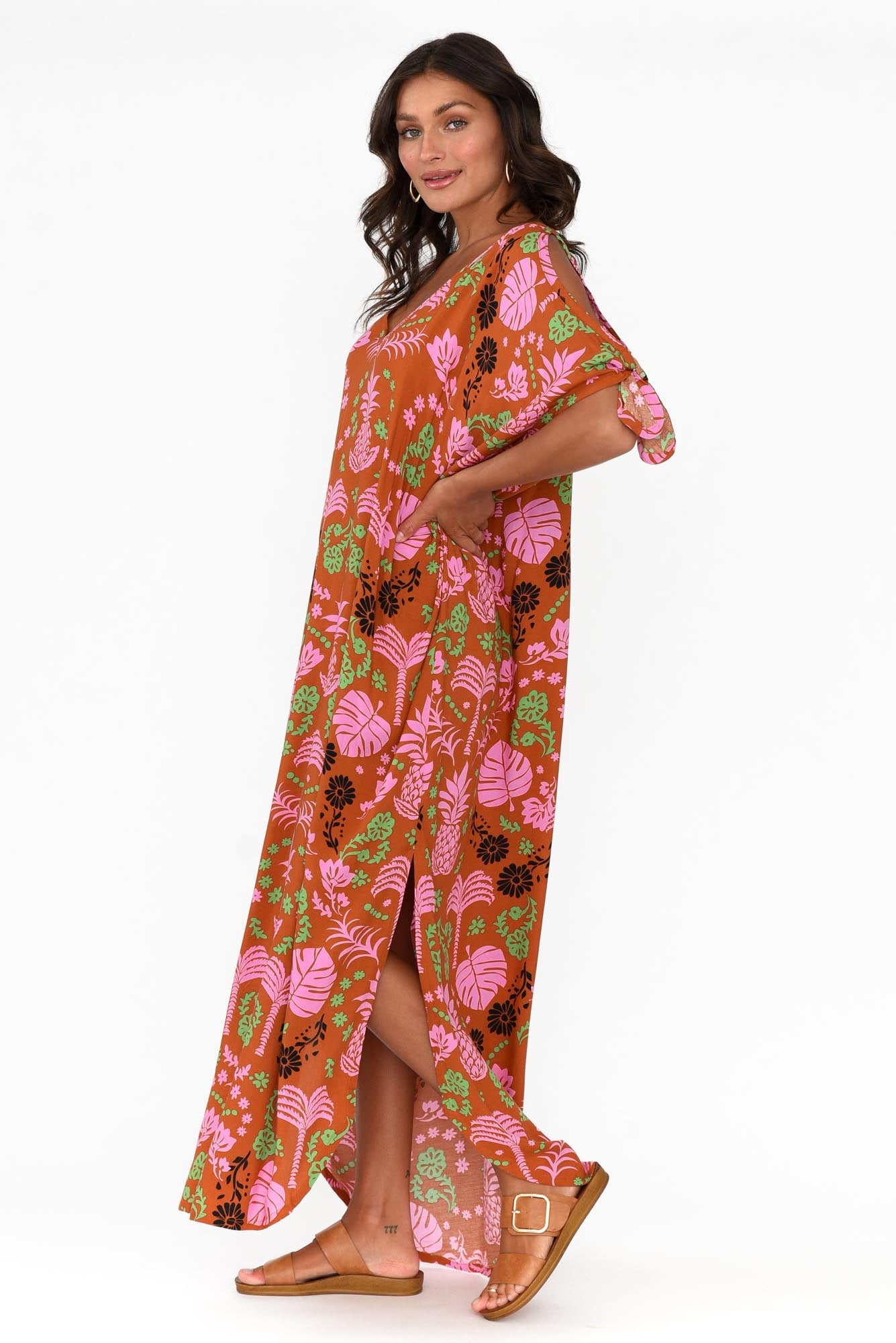 Marika Rust Tropical Cold Shoulder Kaftan