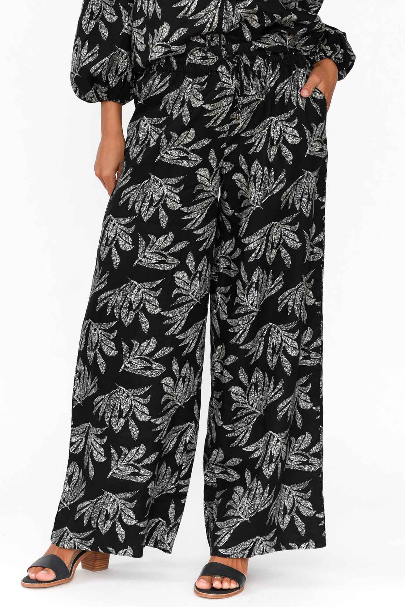 Eleri Black Palm Linen Wide Leg Pant
