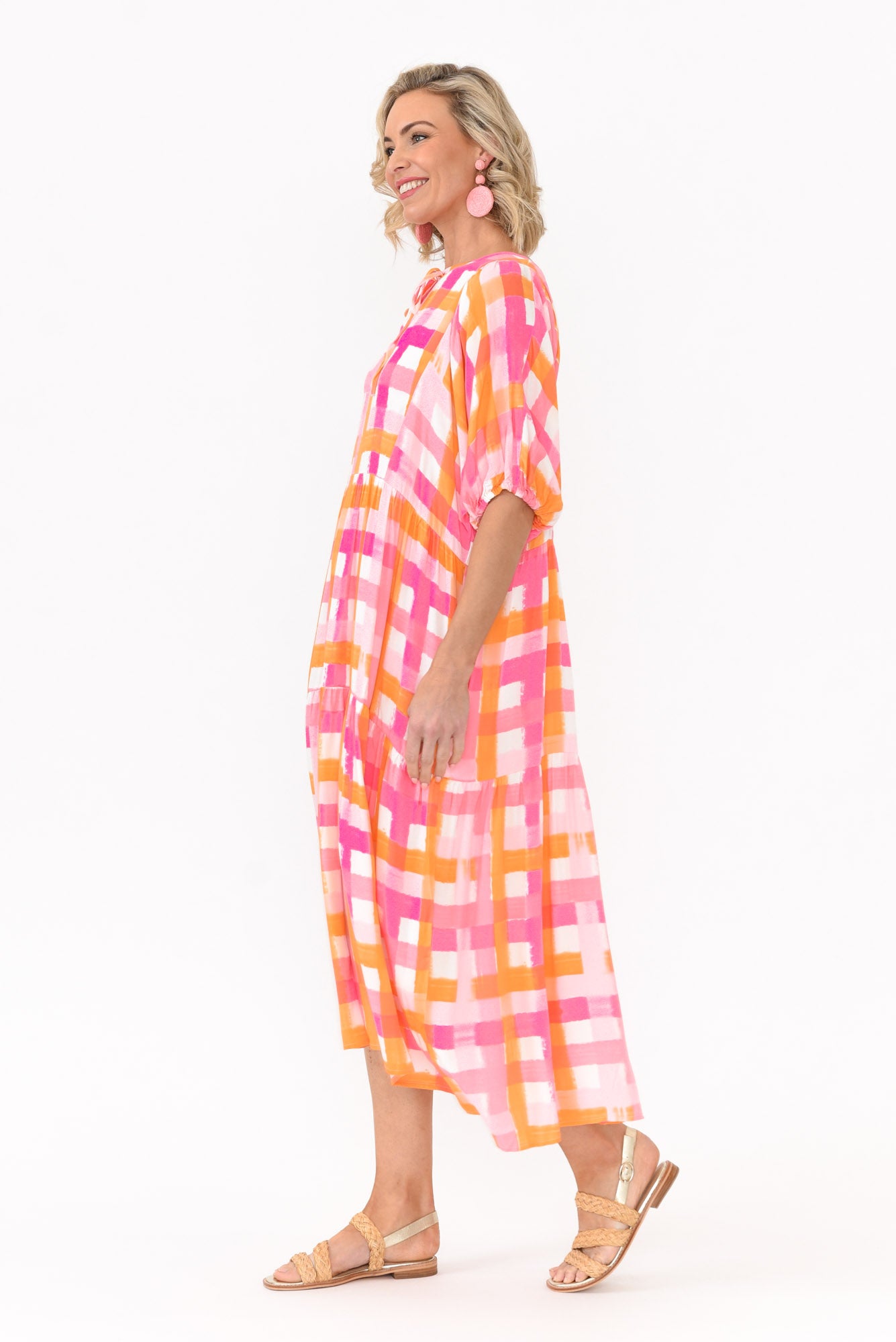Rima Pink Check Midi Dress
