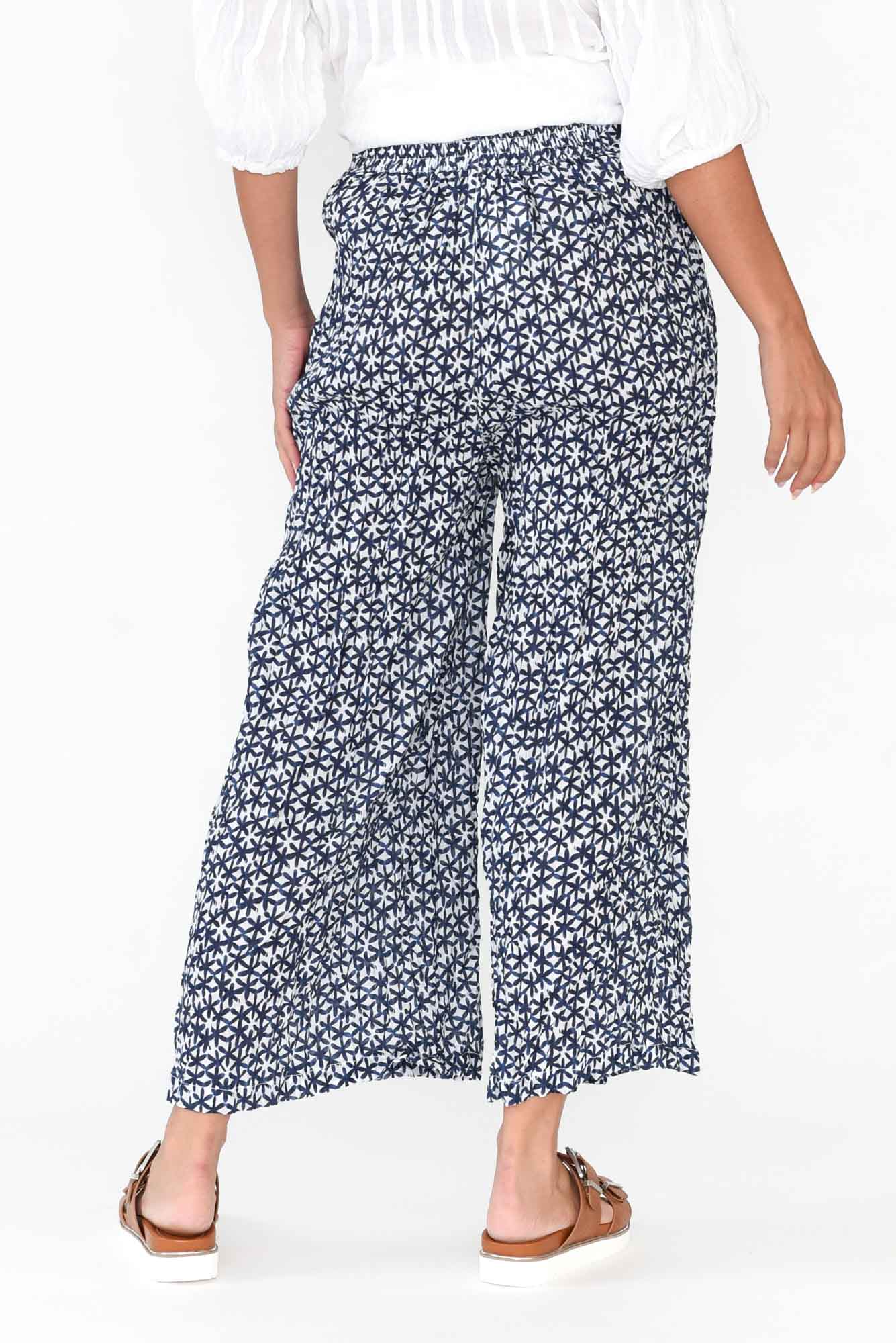 Costello Navy Flower Crinkle Cotton Pant
