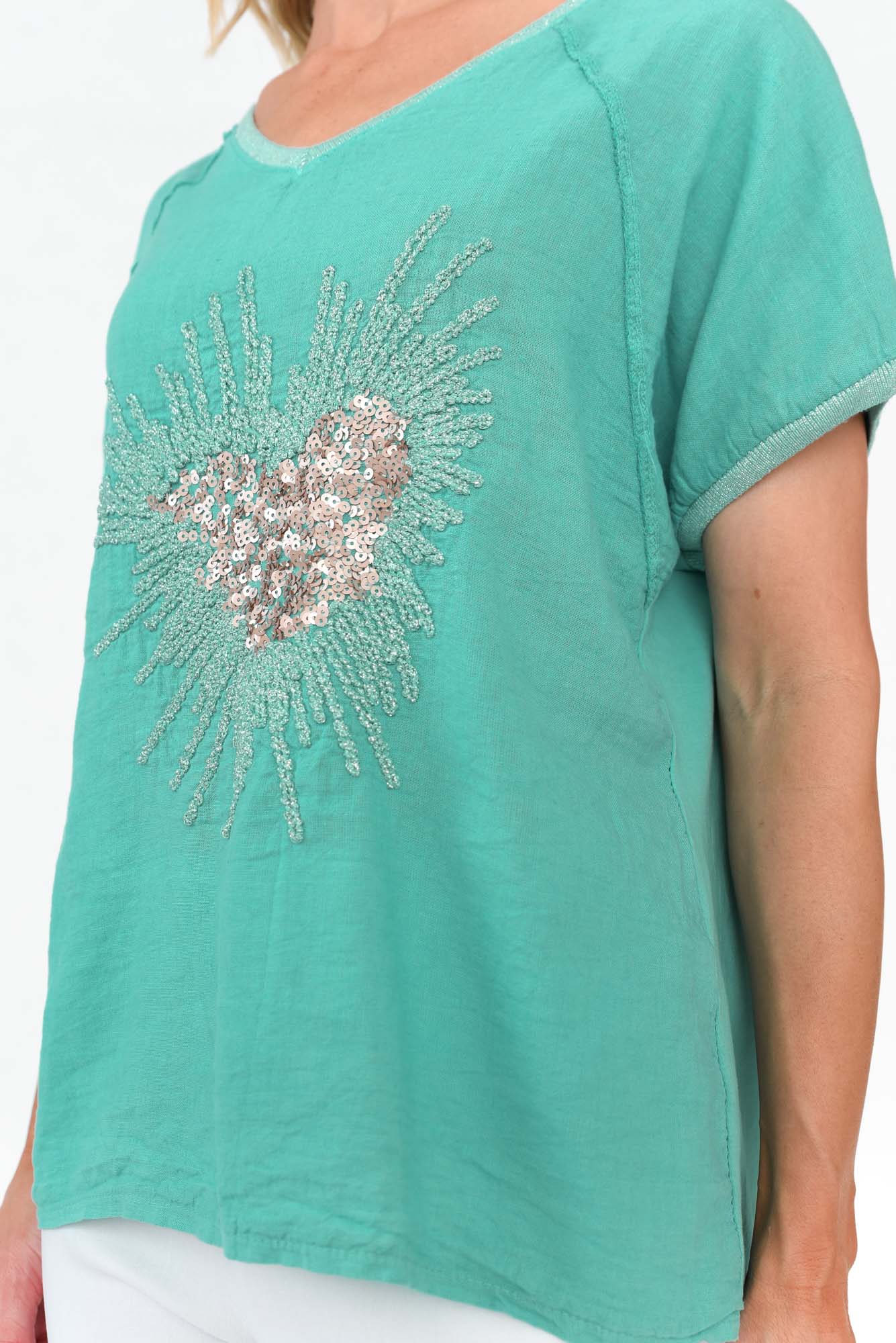Candela Blue Sequin Heart Linen Top