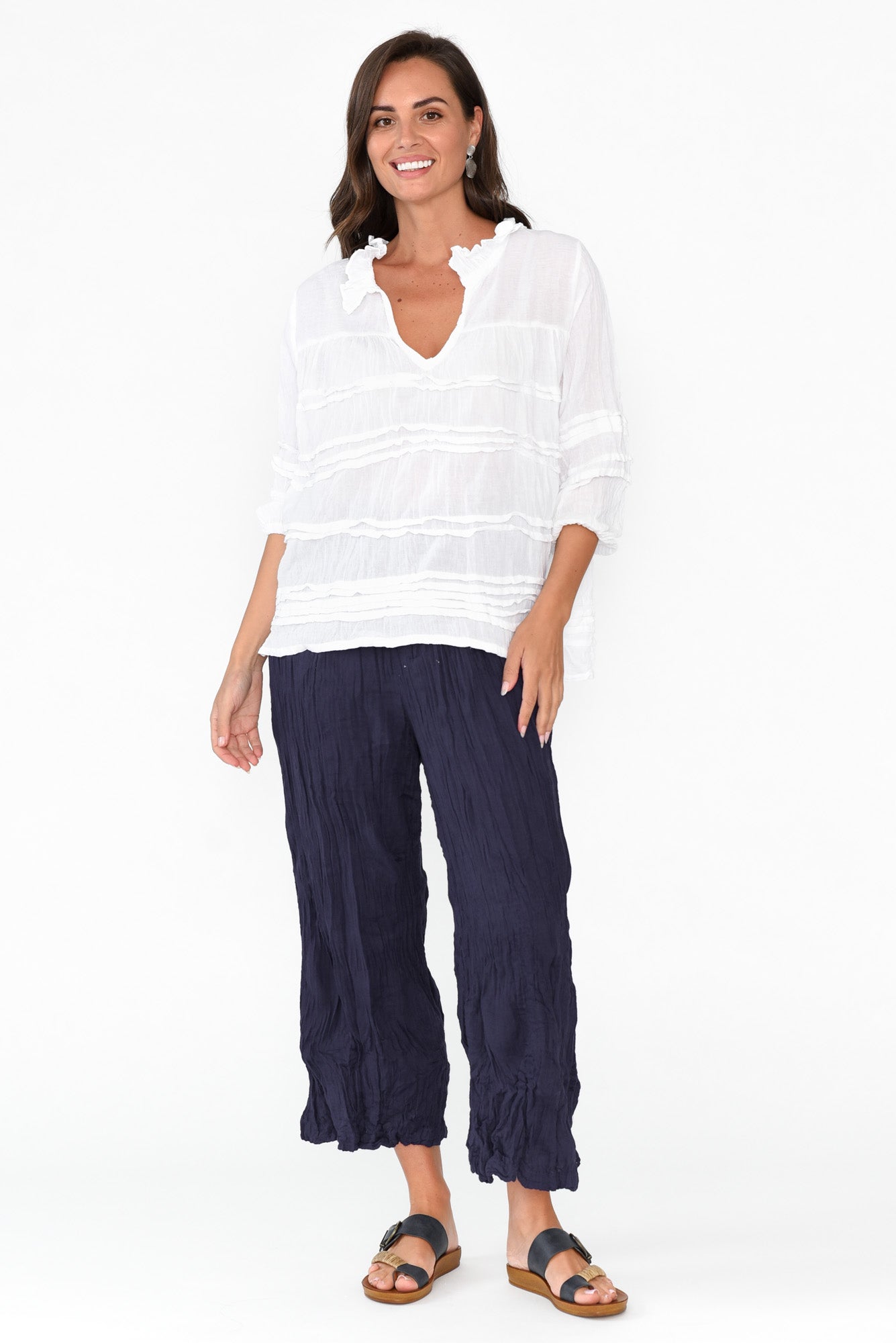 Costello Navy Crinkle Cotton Pant