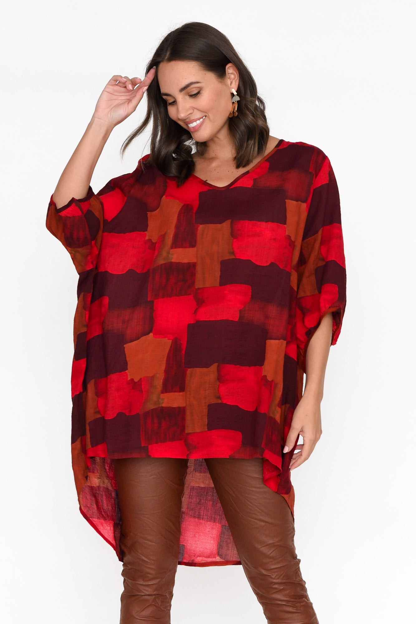 Abra Red Abstract Oversized Top