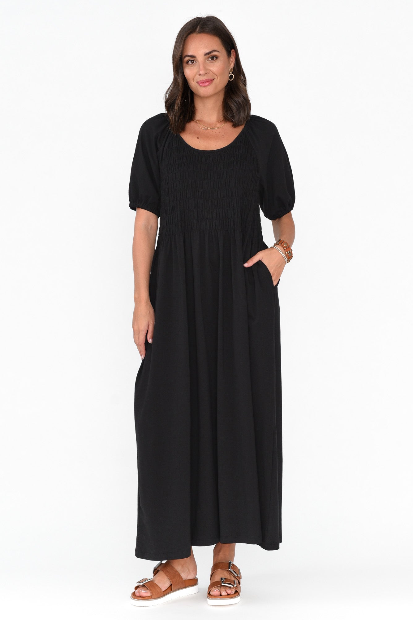Vancouver Black Cotton Shirred Dress