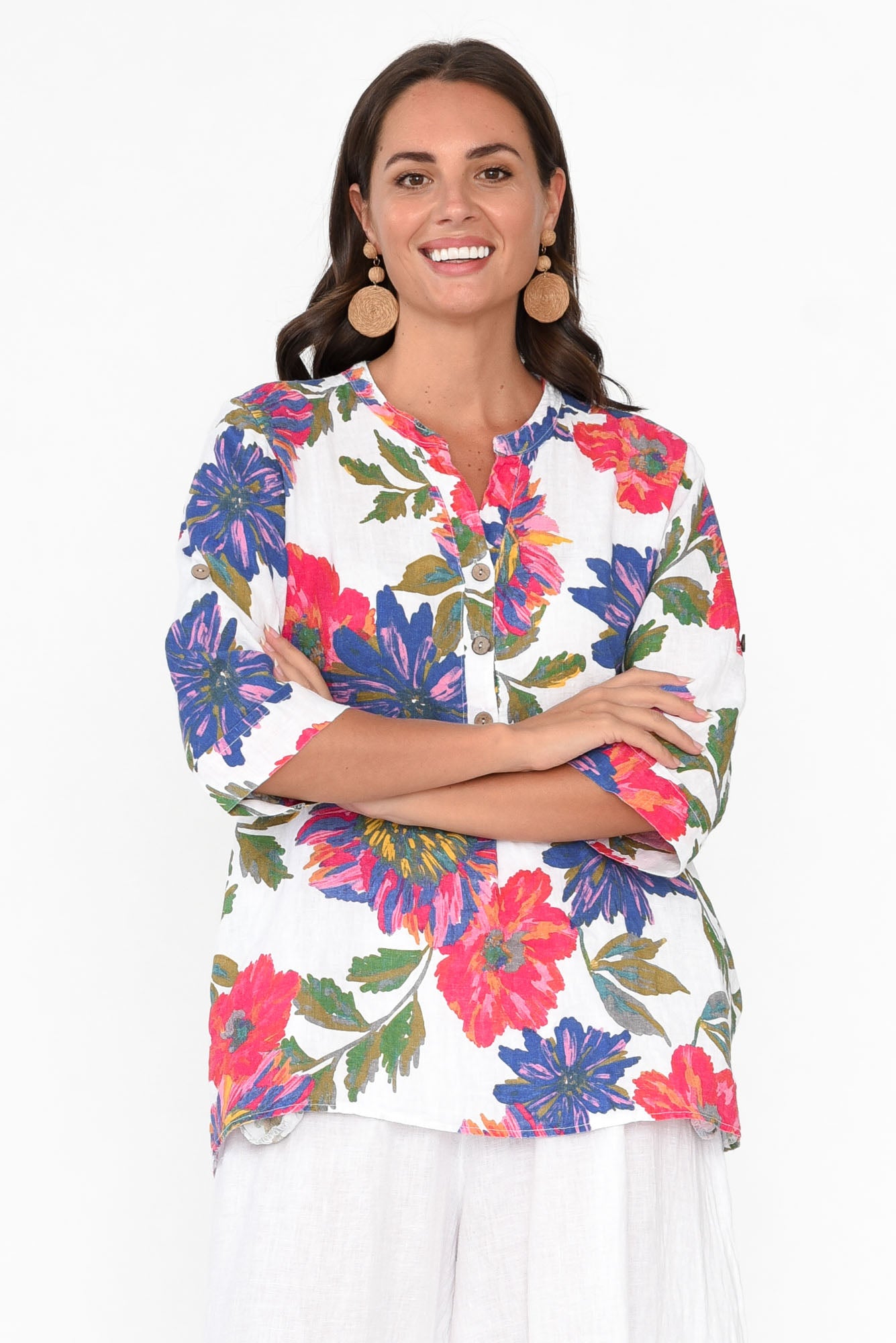 Thora Red Blossom Linen Top
