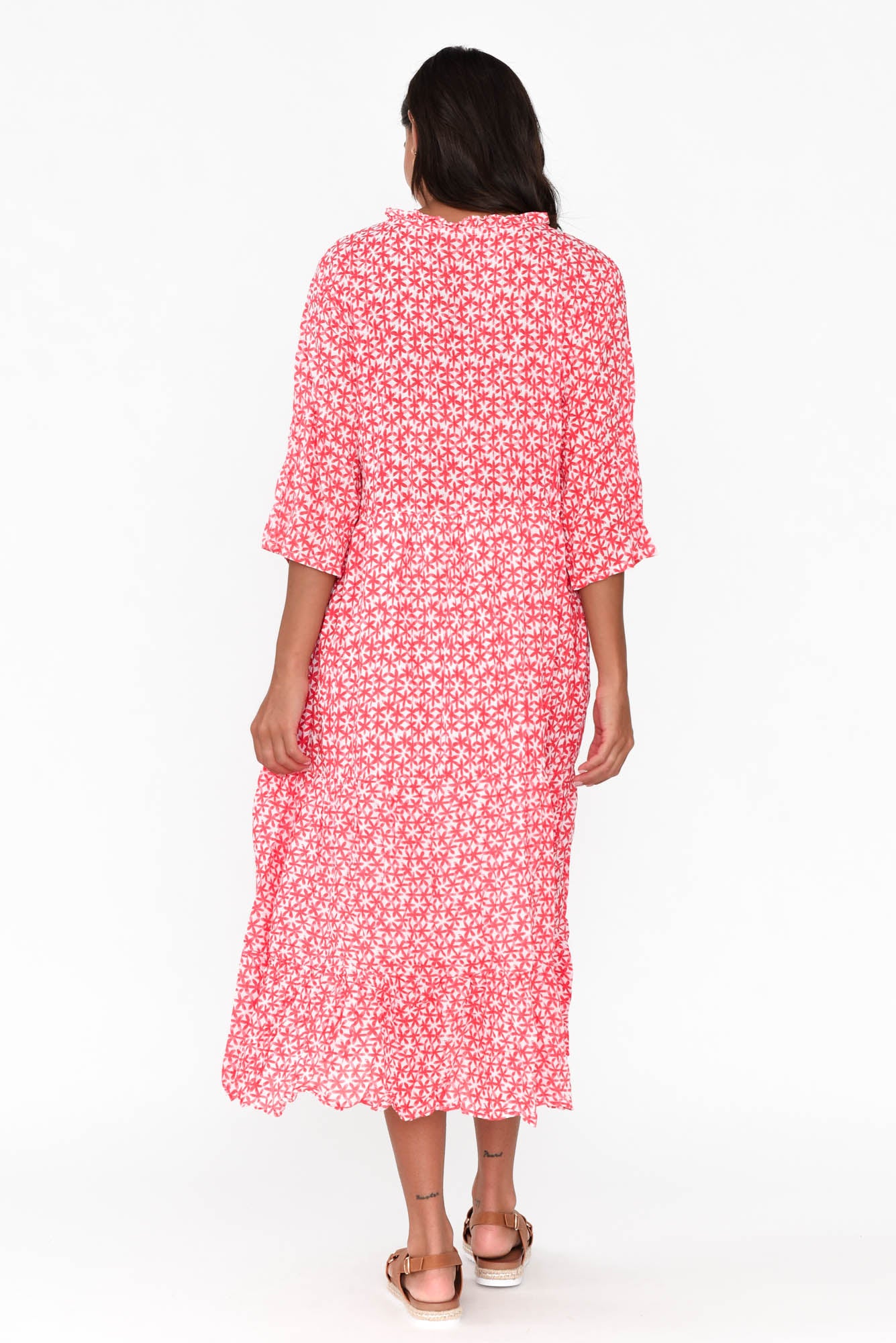 Anniston Red Flower Cotton Tiered Dress