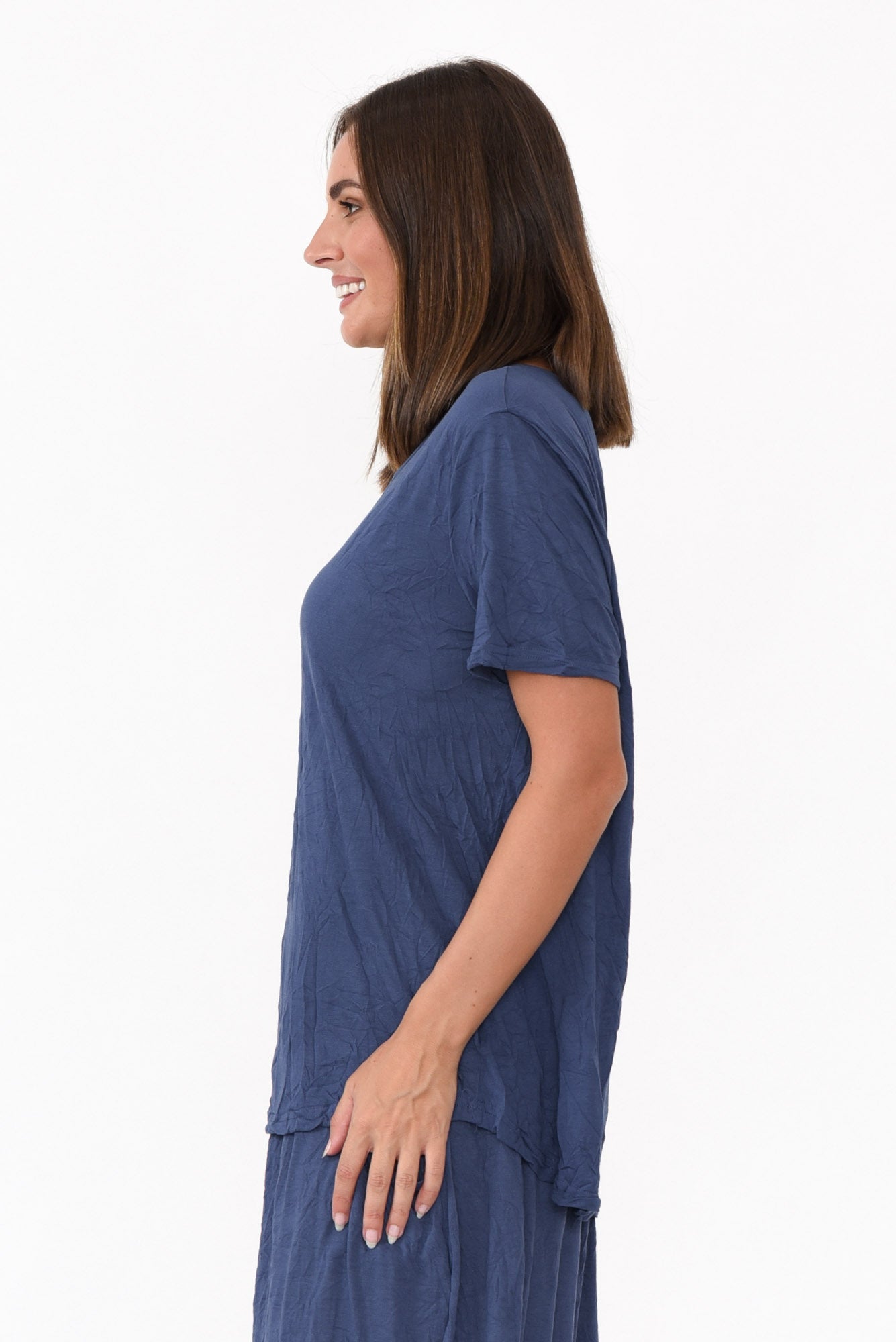 Marley Navy Crinkle Cotton Short Sleeve Top