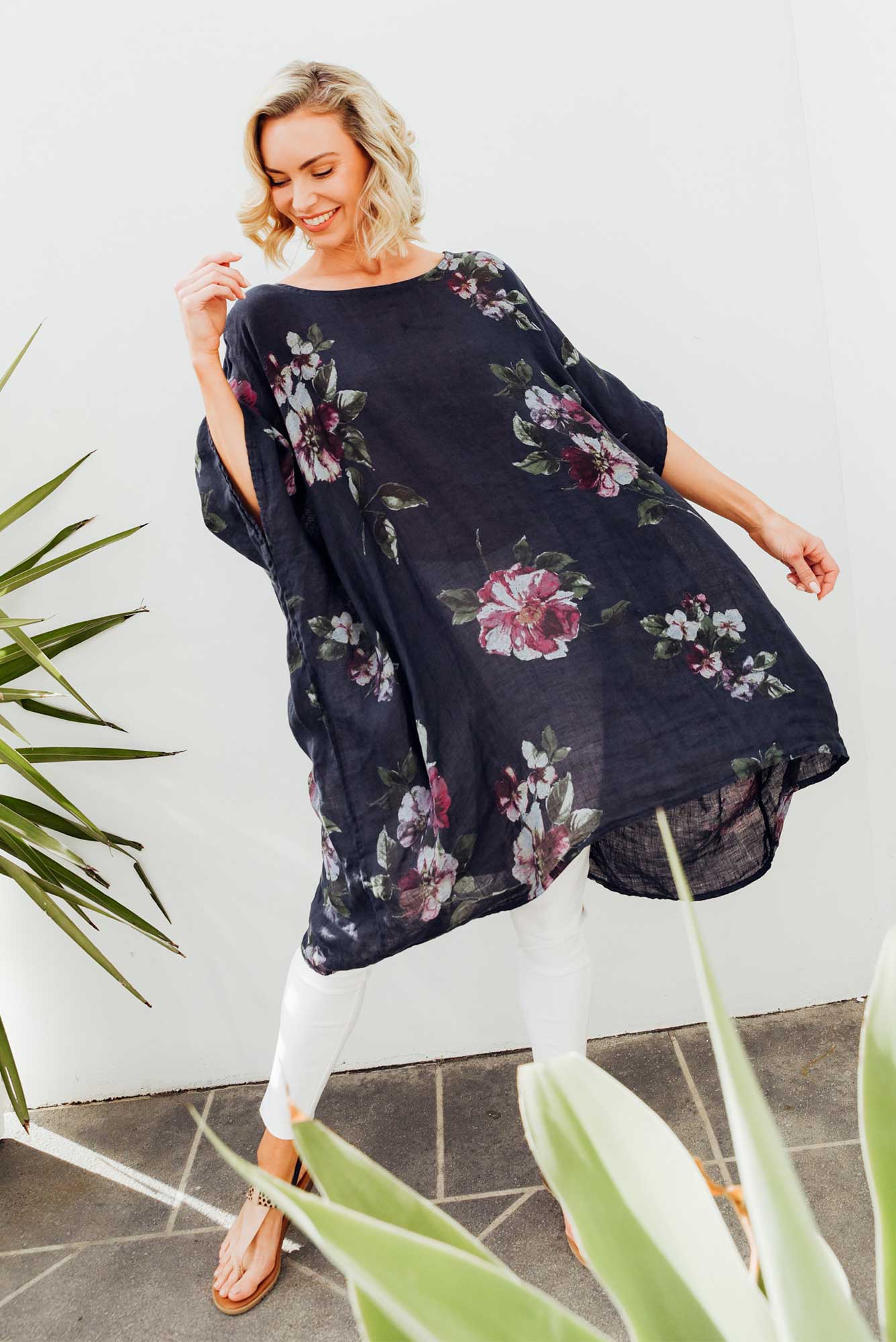 Noemi Navy Floral Linen Kaftan Tunic